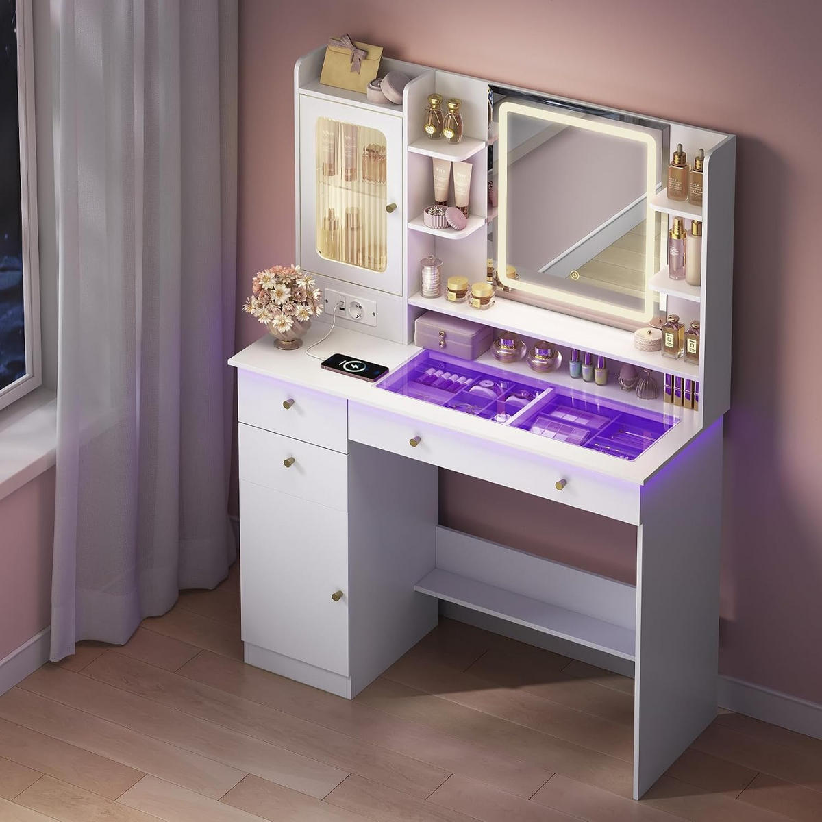 SCHMINKTISCH mit RGB- und LED-Beleuchtung Weiß - Weiß, Glas/Holzwerkstoff (104/136/40cm) - Woltu