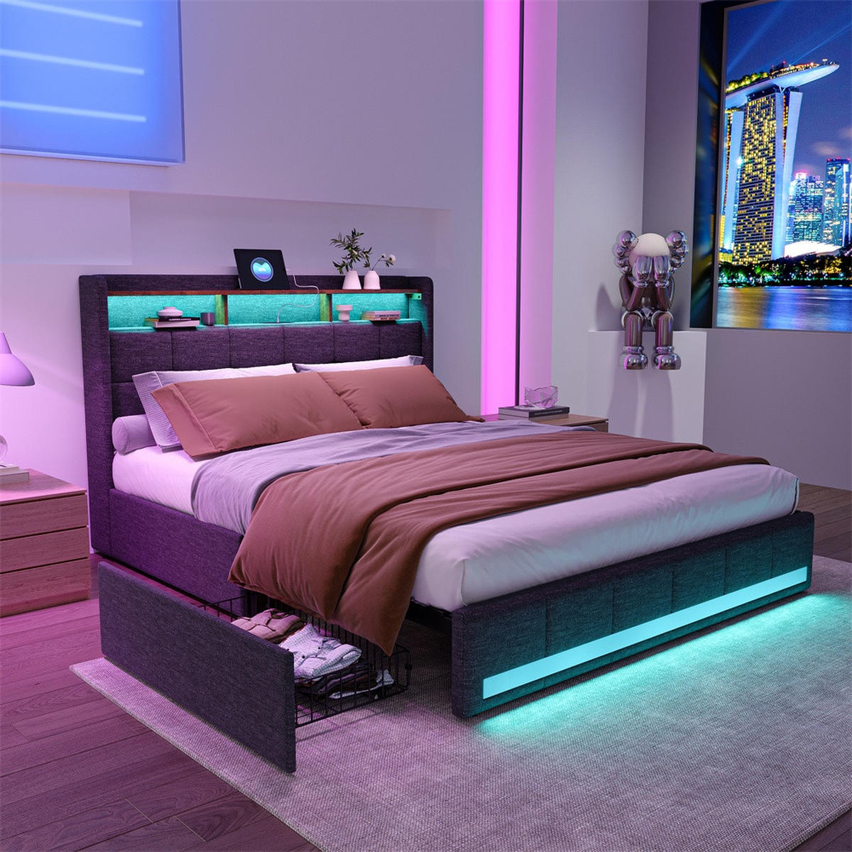 POLSTERBETT 140x190cm - Doppelbett mit 4 Schubladen - RGB-LED-Beleuchtung Ladestation - ohne Matratze - Grau - Grau, Textil (140/190cm) - DELFA