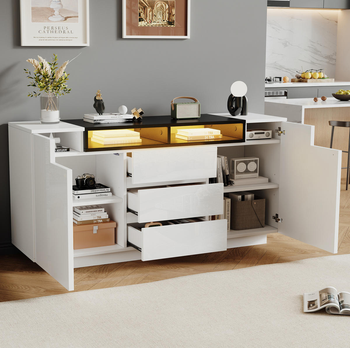 SIDEBOARD 140/40/68 cm mit LED-Beleuchtung, 2 Türen, 3 Schubladen, verstellbaren Einlegeböden und Hochglanzfront, Weiß/Schwarz - Weiß, Holzwerkstoff (140/68/40cm) - Redom