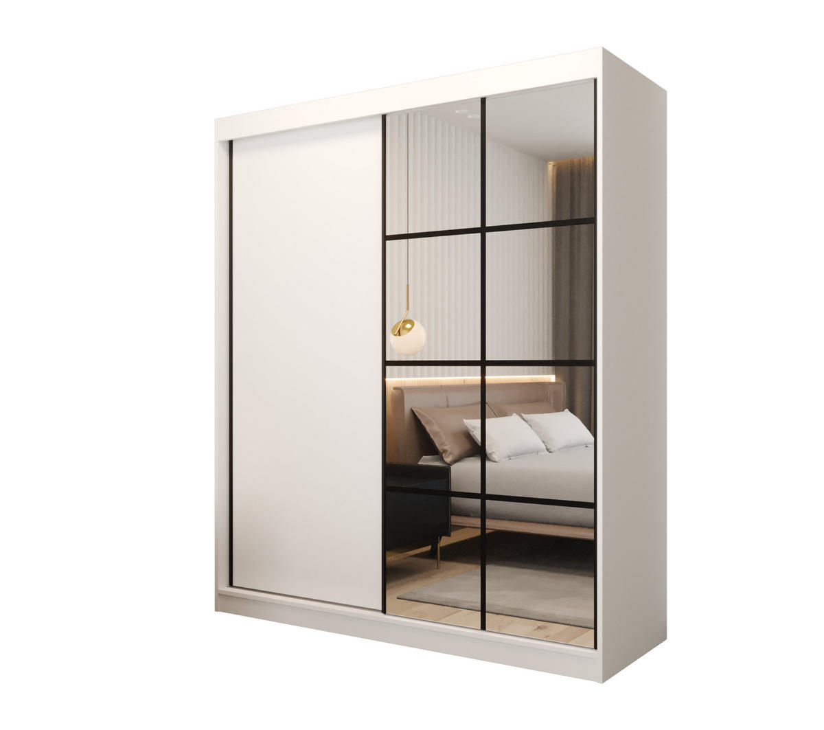 SCHIEBETÜRENSCHRANK MODENA 2 180, 2-türig Kleiderschrank mit 1 Spiegel, Moderne Garderobe, Schrank in Größe: 180 x 216 x 65 cm - Schwarz/Weiß, Holzwerkstoff (180/216/65cm) - O-Sofa