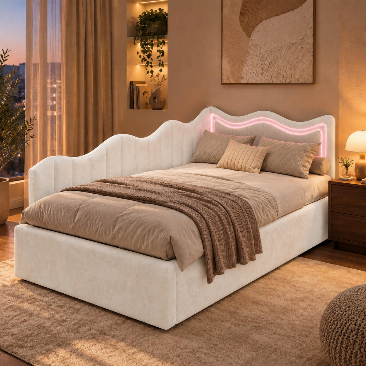 SCHLAFSOFA Samt cremeweiß mit RGB-LED-Beleuchtung, Fernbedienung, großem Stauraum unter der Liegefläche - Beige, Metall (97/75/213cm) - Joyfair