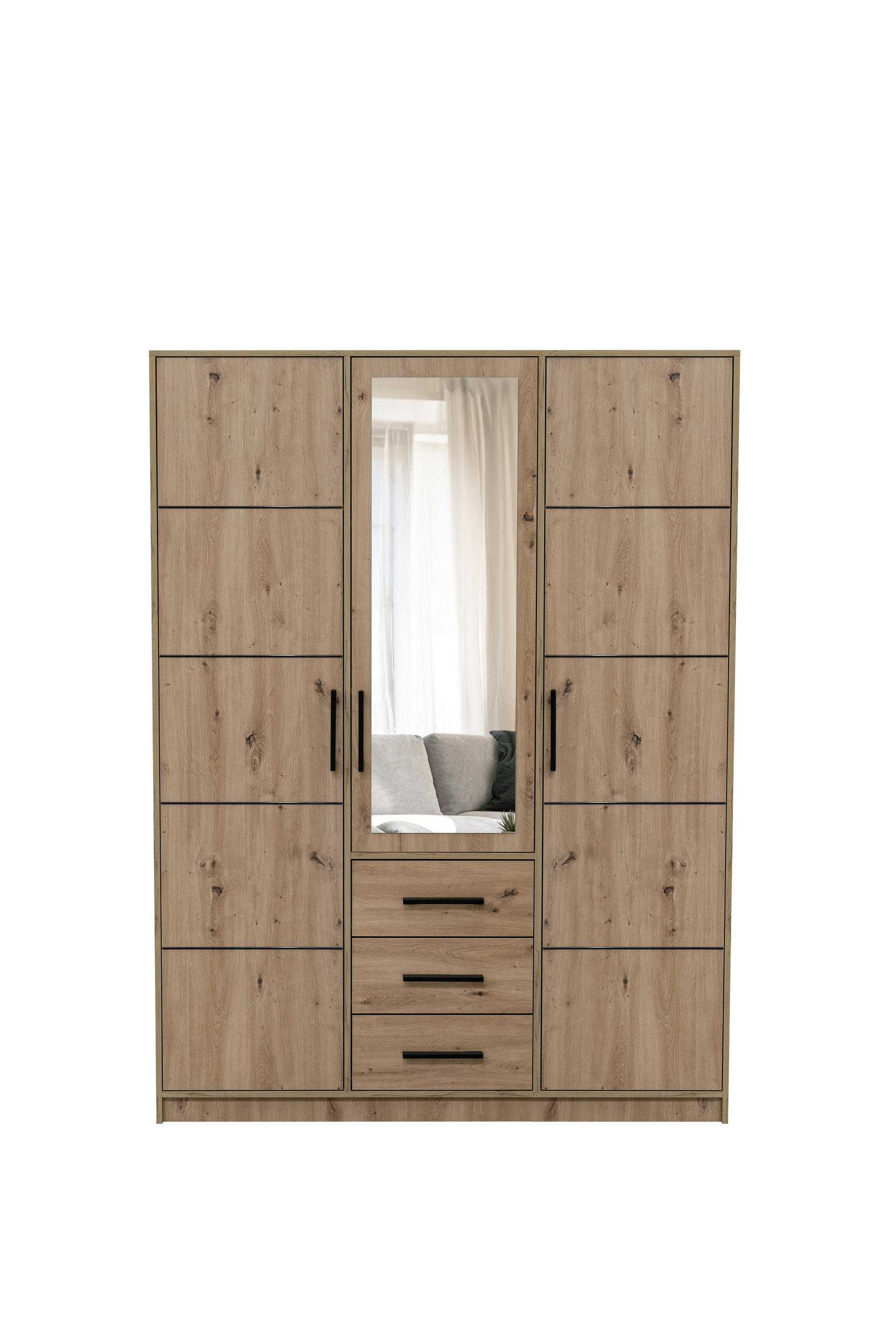 DREHTÜRENSCHRANK FIORA 149/200/57,5 cm 3-türig mit Spiegel Eiche Artisan - Eiche Artisan, Holzwerkstoff (149/200/57.5cm) - MASSENO