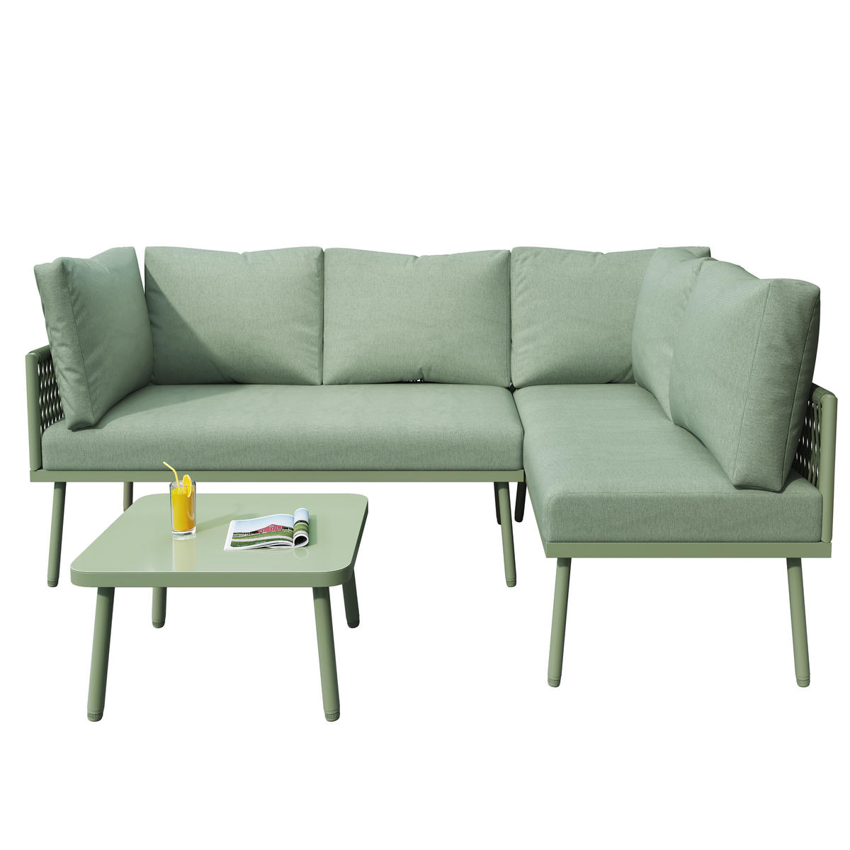 GARTEN Lounge Set aus Eisen mit grünem Seil LForm mit Sitzkissen verstellbaren Füßen 2 Sofas und Tisch - Grün, Metall - FLIEKS