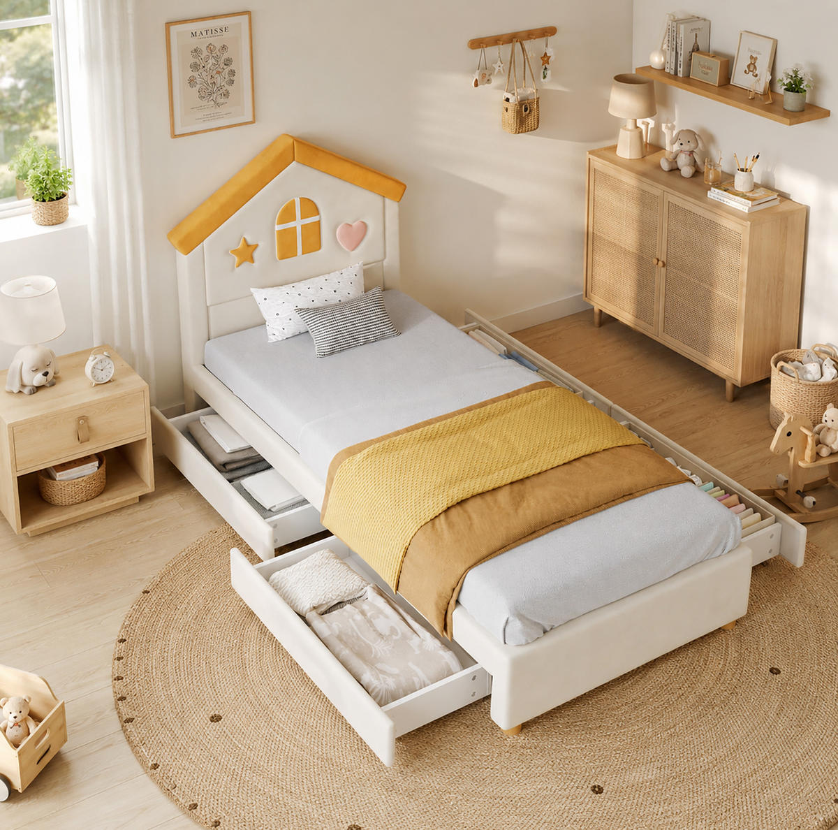 POLSTERBETT 90/200 cm in Beige mit 4 Schubladen und Haus-Kopfteil aus Samt - Beige, Textil (90/200cm) - Flora Grace