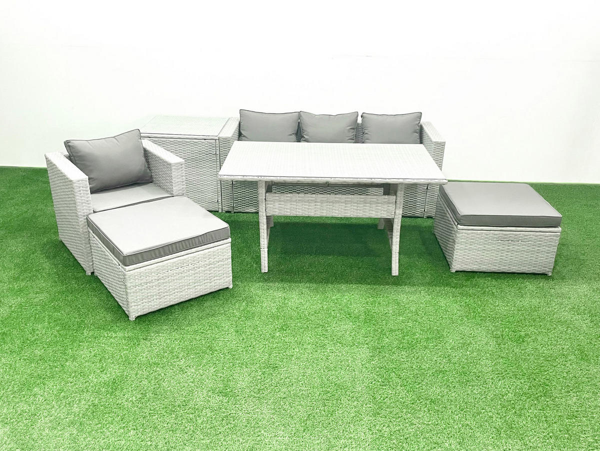 GARTENSET mit Esstisch,Sofa,2 Großer Hocker,Stuhl, Beistelltisch Polyrattan Hellgrau 6-Sitzer - Hellgrau/Grau, Glas/Kunststoff - Fimous