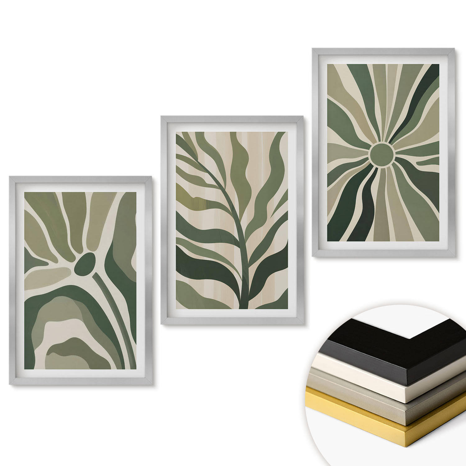 WANDBILDER 3er Set - 40x60 cm Silberner Rahmen - Grüne und beige Pflanzenmuster - Silberfarben, Kunststoff (40/60cm) - ArtPrintCave