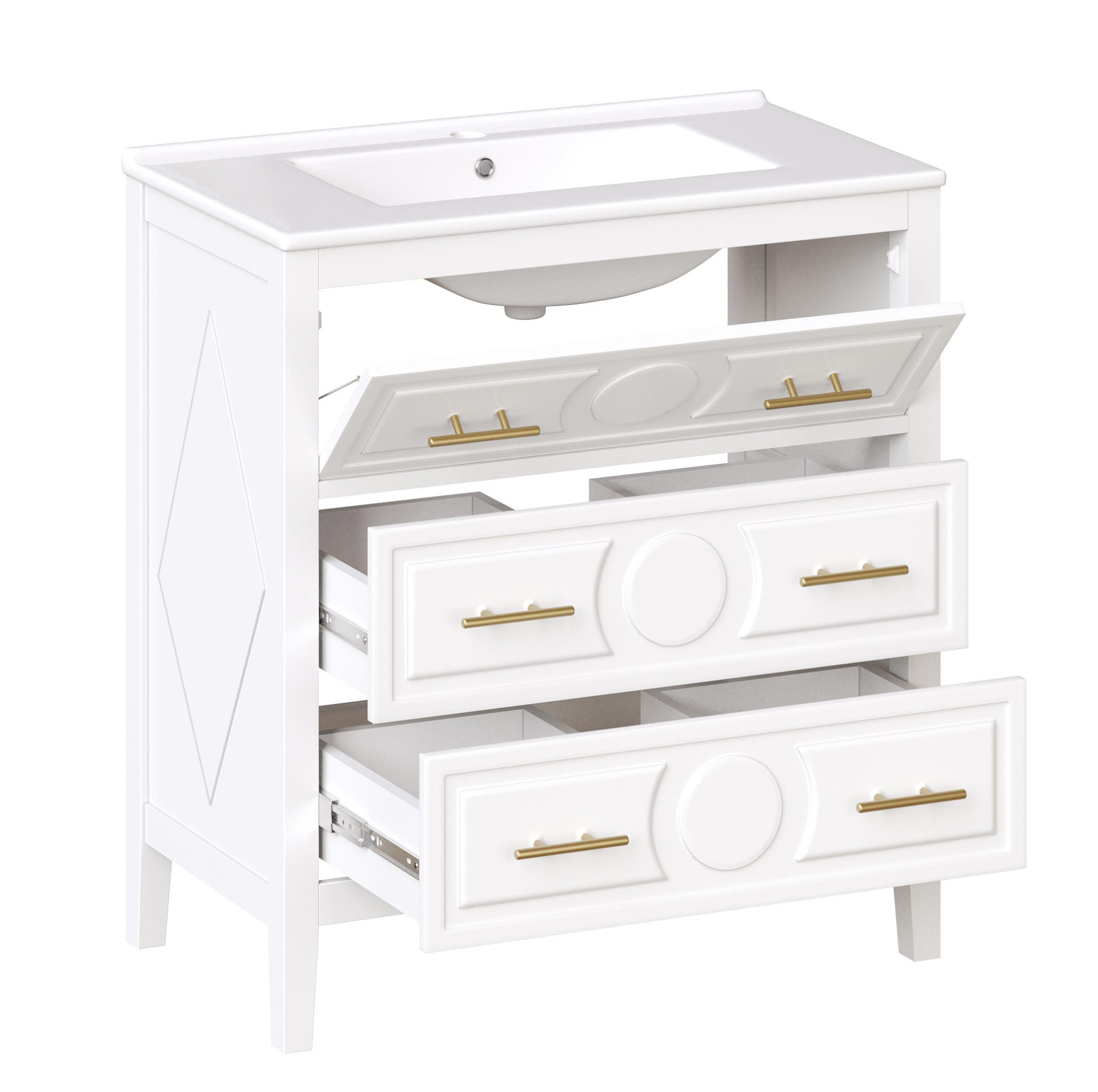 BADEZIMMERUNTERSCHRANK aus MDF 81x46,5x86,5 cm Weiß mit Keramikbecken, 3 Schubladen und Soft-Close - Weiß, Holzwerkstoff (81/86.5/46.5cm) - Modfu