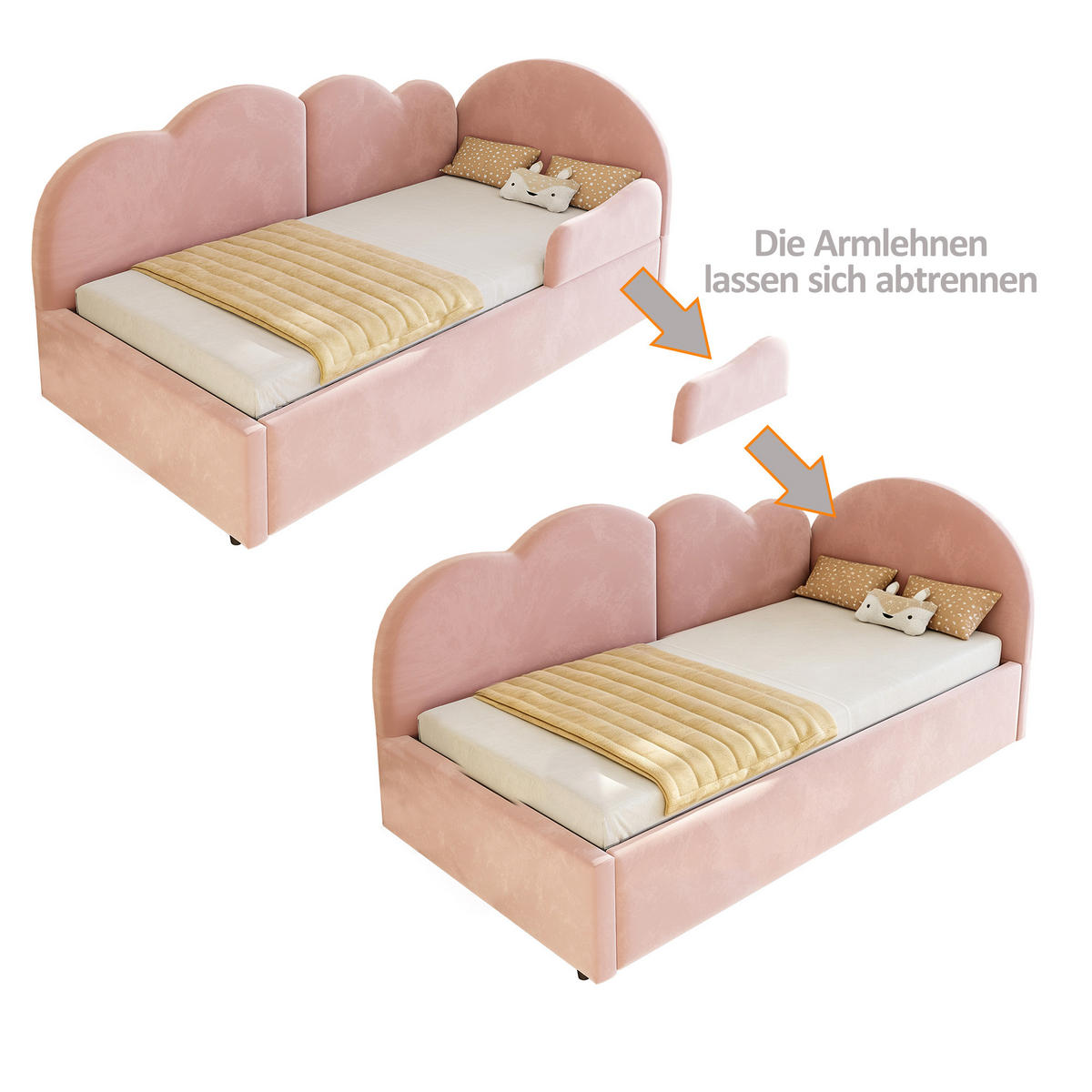 POLSTERBETT 90/200 mit Ausziehbett und Wolkenkopfteil in Rosa - Rosa, Holzwerkstoff/Textil (90/200cm) - EVRYAE