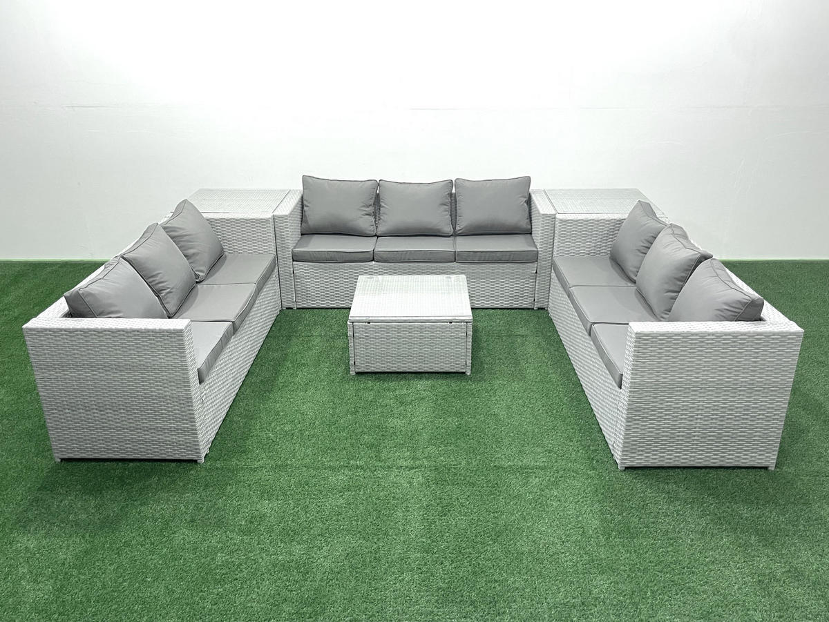 GARTENMÖBELSET mit 3-SITZER SOFA,COUCHTISCH Polyrattan Hellgrau-Mix 9-Sitzer - Hellgrau/Grau, Glas/Kunststoff - Fimous