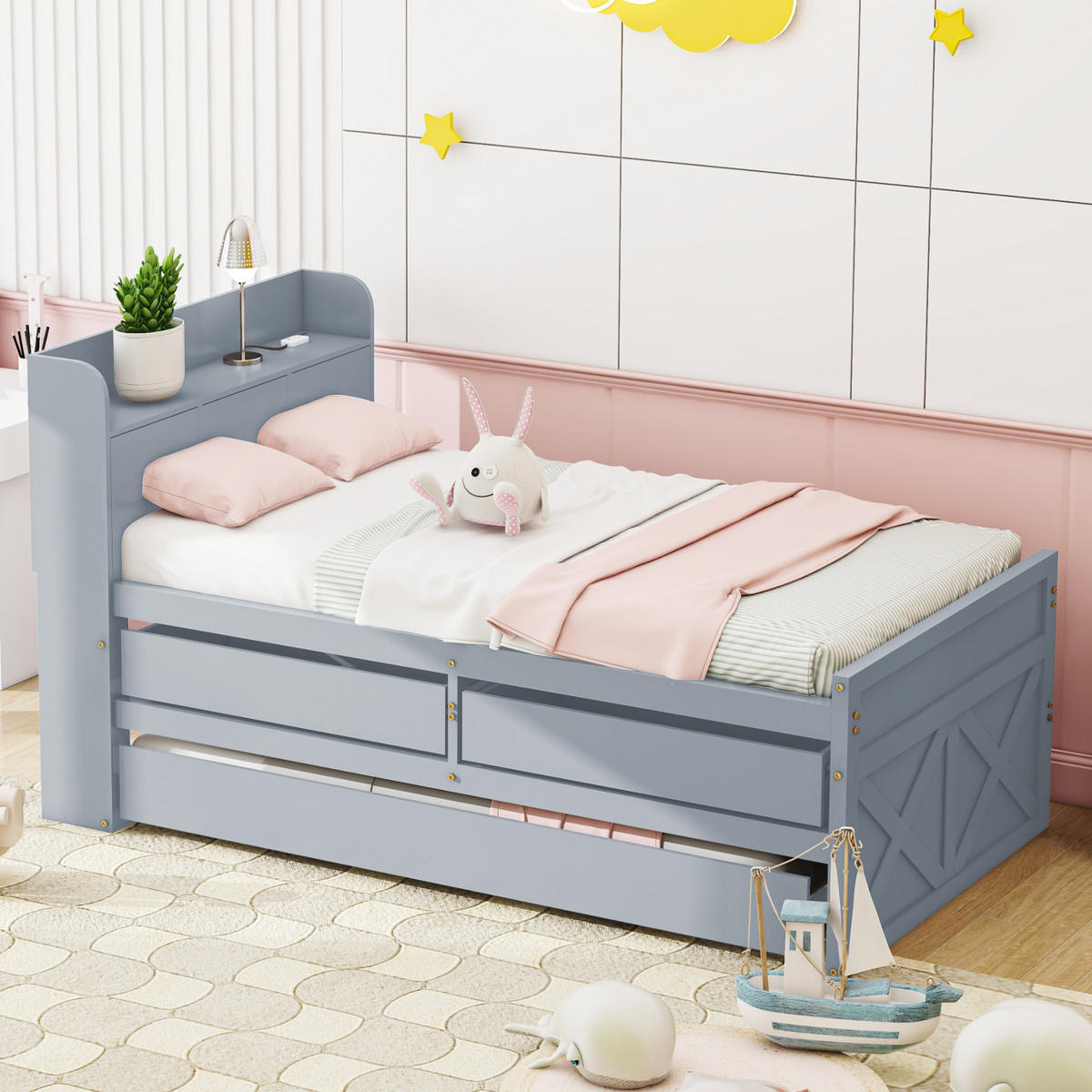 EINZELBETT 90/190 cm grau Multifunktionales Massivholzbett mit USB-Anschluss und ausziehbarem Bett - Grau, Holz (90/200cm) - OKWISH