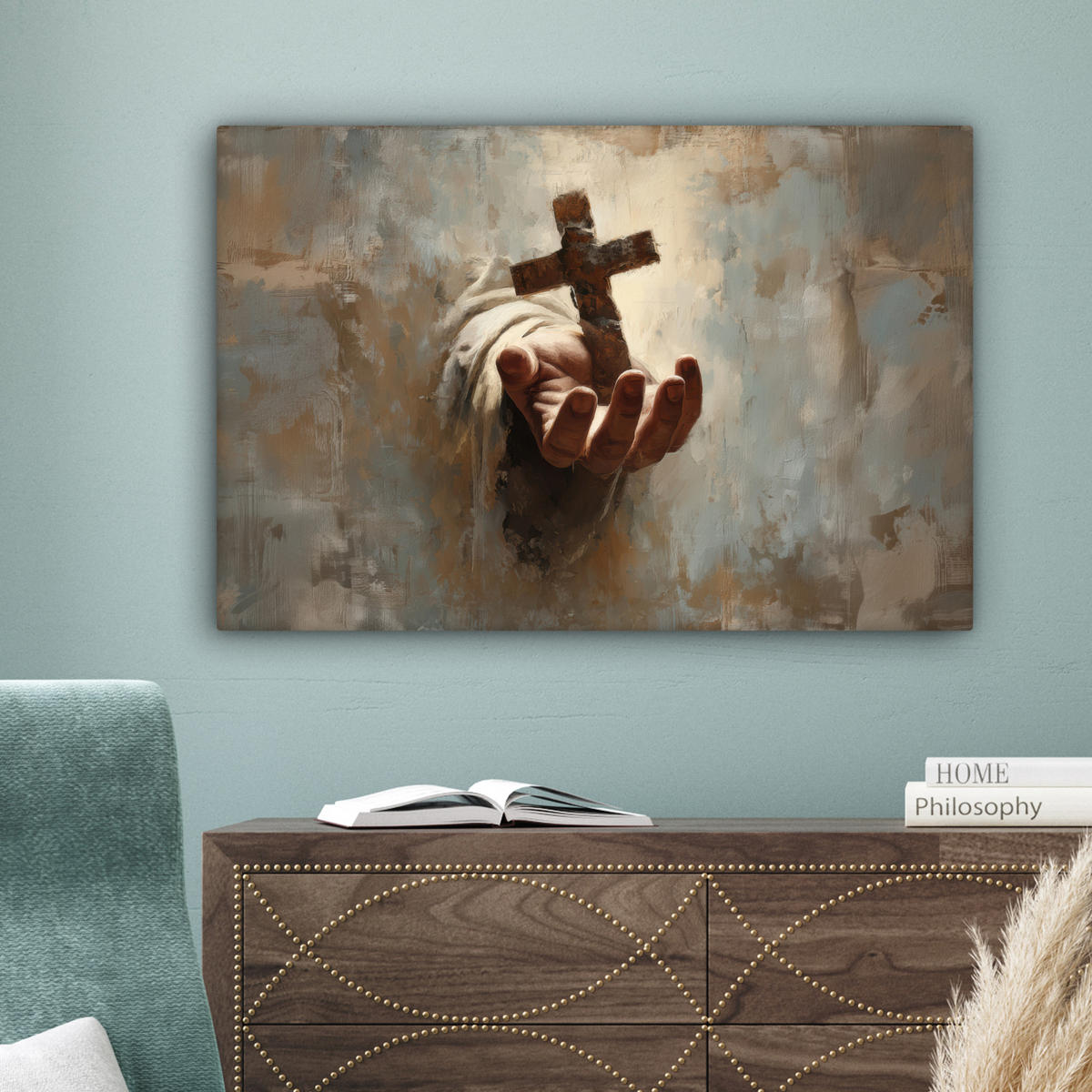 LEINWANDBILD Abstrakt - Kreuz - Hand - Christentum Wanddeko 90x60 cm - Hellbraun, Textil (90/60cm) - MuchoWow