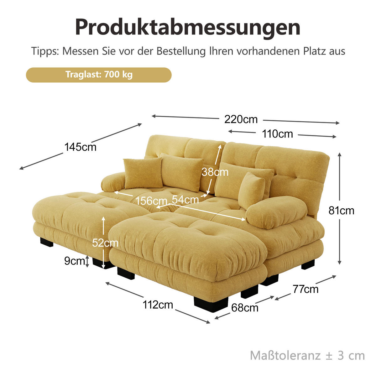 2-SITZER-SOFA DE-34065 modular mit 2 Ottomans Gelb - Gelb, Holz (145/81/220cm) - ComfortXL