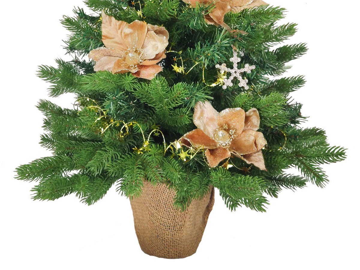 WEIHNACHTSBAUM künstlicher 60 cm mit LED-Beleuchtung, SAMTKUSS, mit 11 Weihnachtsbaumschmuck, Pflanztopf mit Jutesack - Champagner/Braun, Kunststoff/Stein (40/60cm) - LAALU