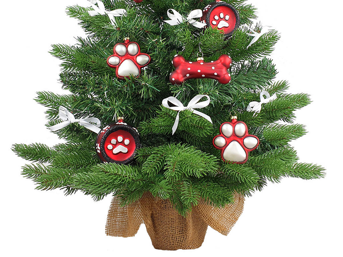 WEIHNACHTSBAUM künstlicher 60 cm mit LED-Beleuchtung, HUNDEFREUDE, mit 14 Weihnachtsbaumschmuck, Pflanztopf mit Jutesack - Rot/Silberfarben, Kunststoff/Stein (40/60cm) - LAALU