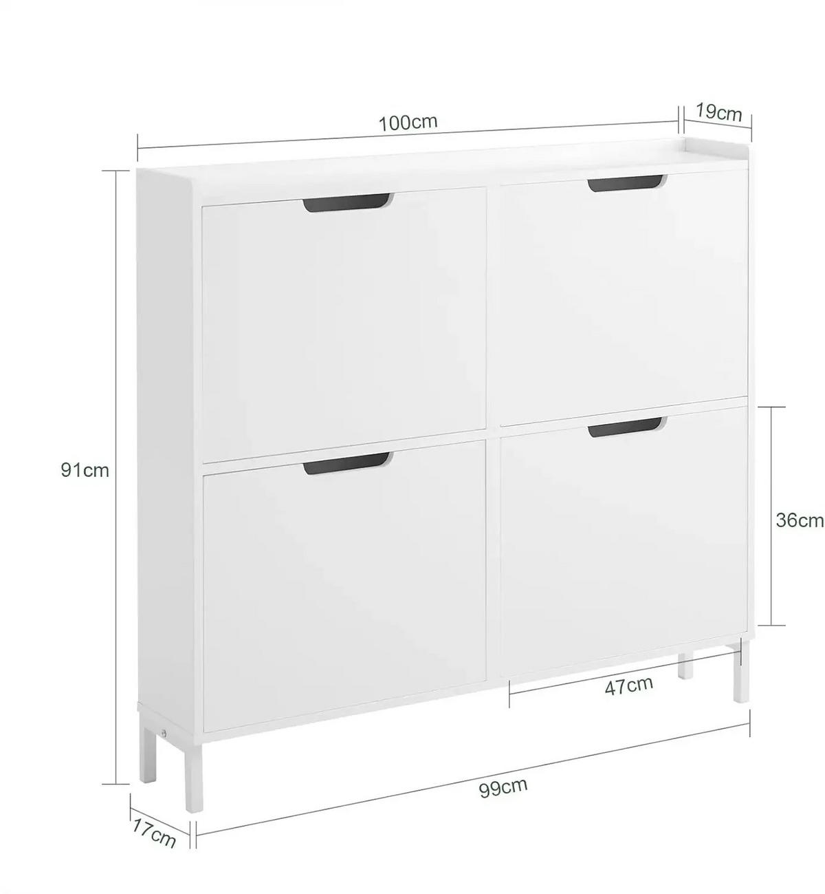 FSR100 Schuhkipper 4 Klappen Schuhschrank schmal Schuhkommode Schuhablage Weiß - Weiß, Holzwerkstoff/Metall (100/90/19cm)