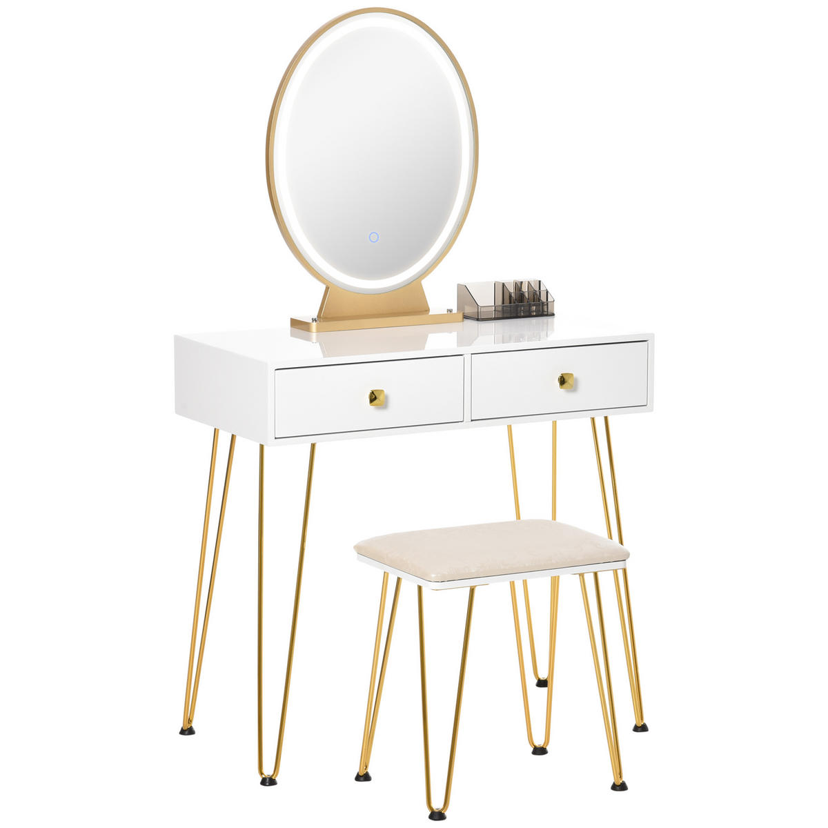 SCHMINKTISCH Kosmetiktisch mit Hocker 2 Schubladen 1 Lippenstiftraster MDF Weiß - Weiß, Holzwerkstoff (40/136/80cm) - HOMCOM