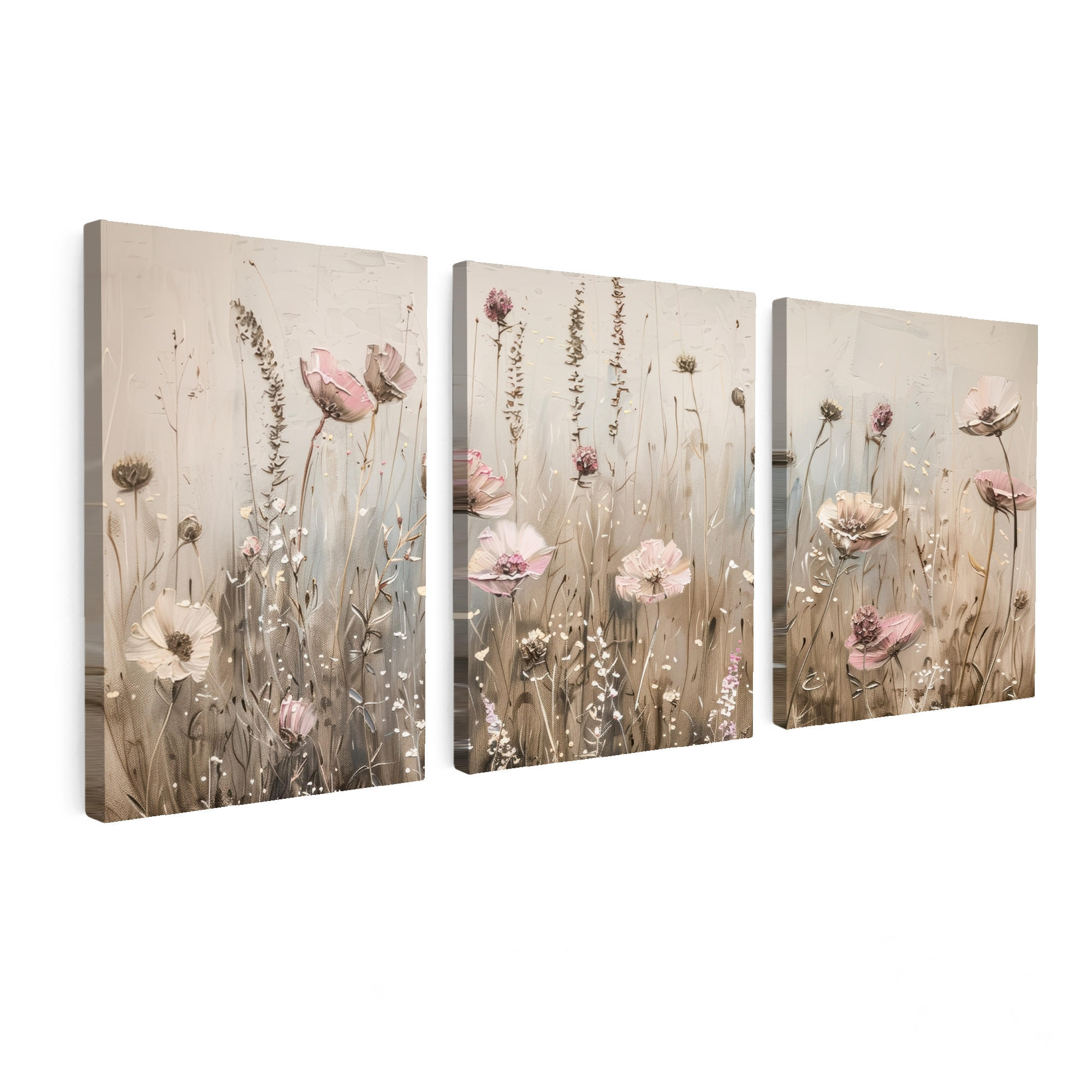 LEINWANDBILD 3er Set Blumen - Beige - Modern - Rosa 180x80 cm - Ecru, Textil (180/80cm) - MuchoWow