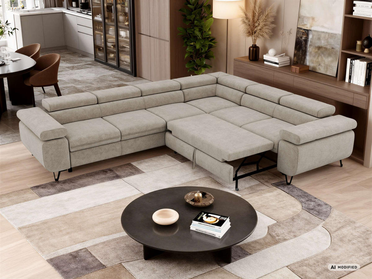 ECKSOFA NORDEN L - Greige Stukture - Links Seite - Greige/Schwarz, Textil/Metall (269/329cm) - MKS