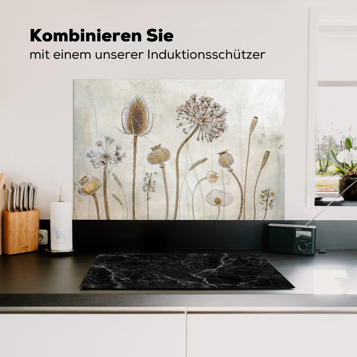 SPRITZSCHUTZ KÜCHE Blumen - Aquarell - Stilleben - Braun - Vintage 80x55 cm - Sandfarben, Metall (80/0.3/55cm) - MuchoWow