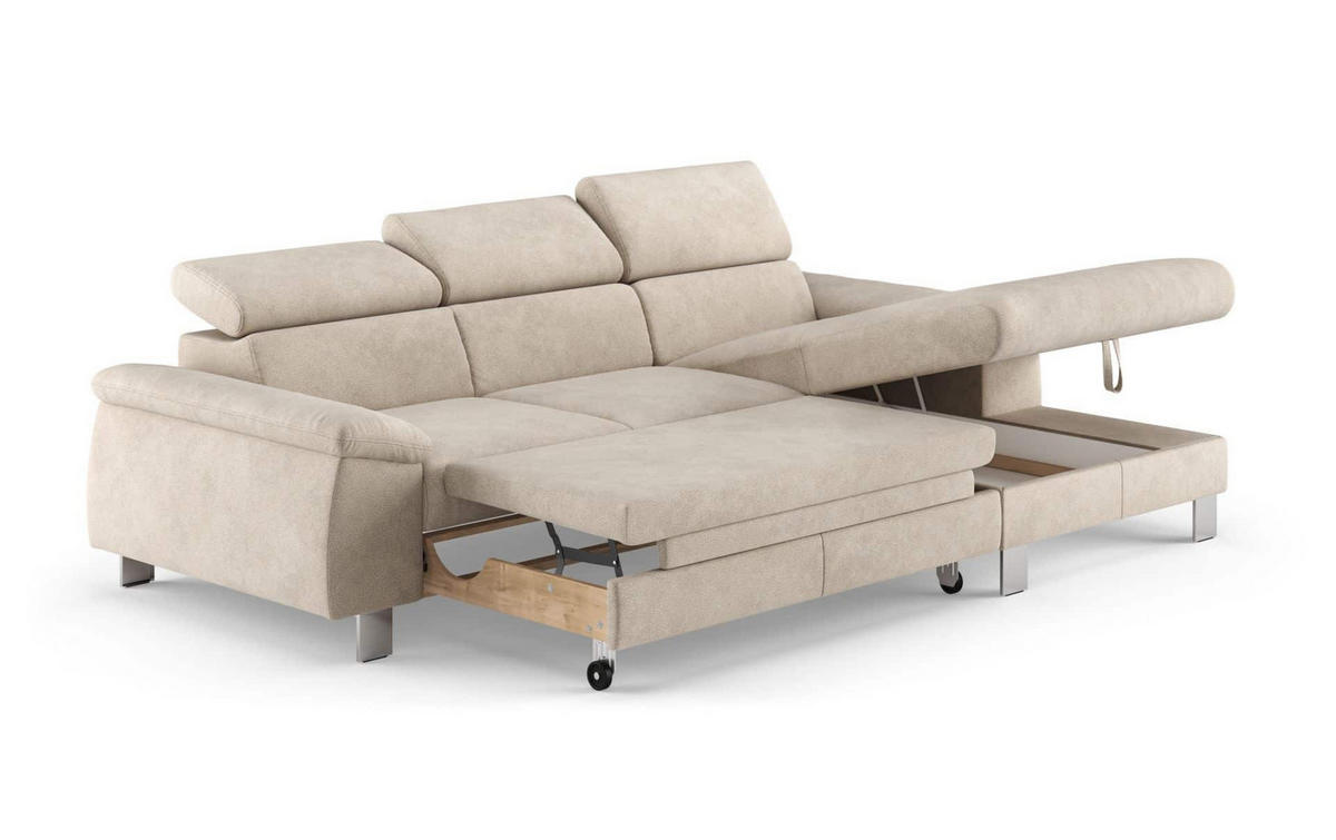 ECKSOFA mit Schlaffunktion und Bettkasten - Chromfarben/Beige, Holz/Textil (166/244cm) - Cotta