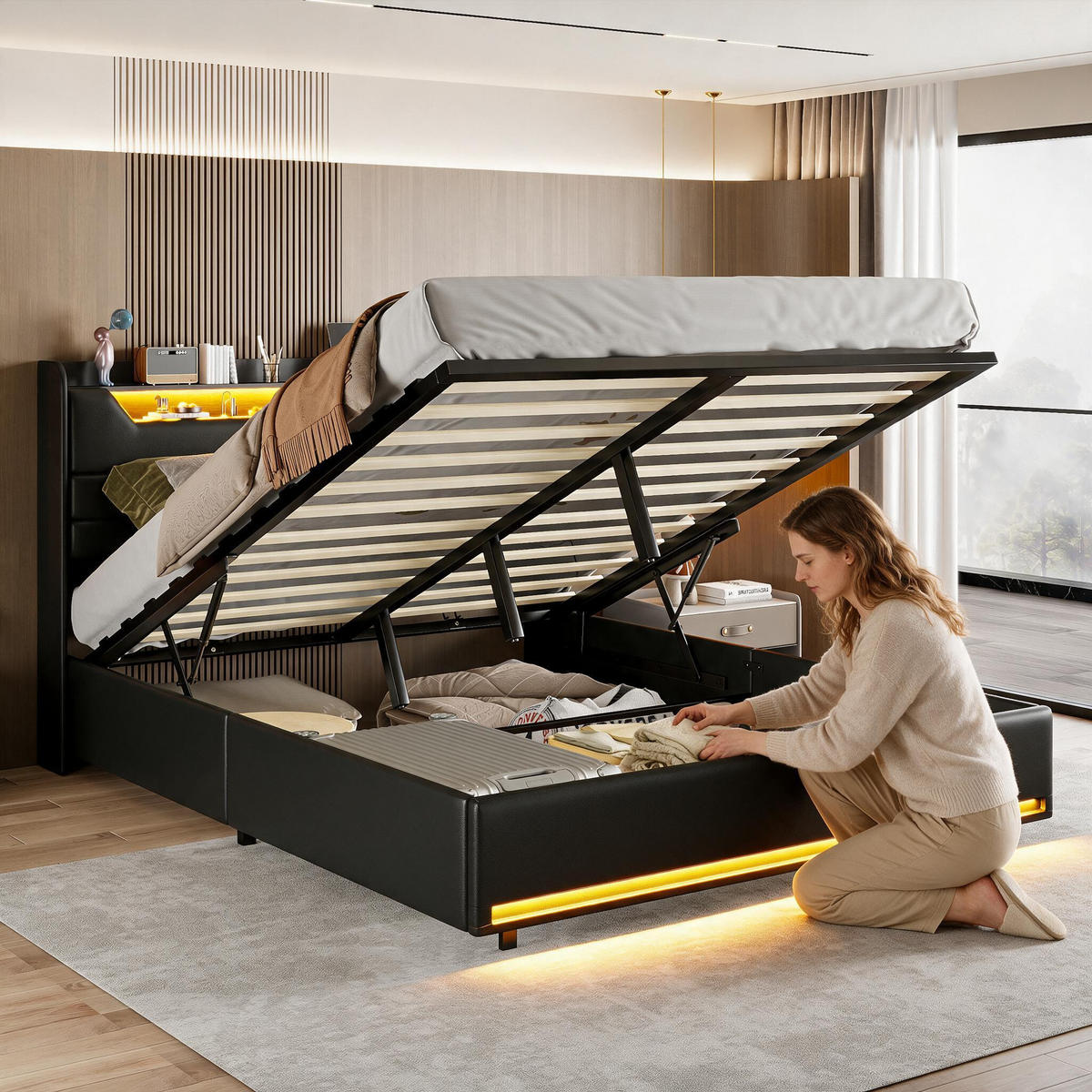 POLSTERBETT 140/200 cm mit LED‑Beleuchtung & USB‑Ladestation, modernes Bett mit Stauraum‑Kopfteil, schwarzes Kunstlederbett für Schlafzimmer - Schwarz, Holz/Metall (140/200cm) - Joyfair