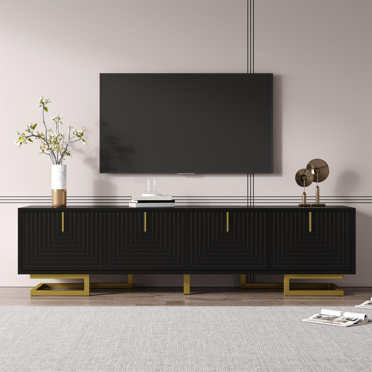 TV-SCHRANK Lowboard 3D Türen Goldbeine - Schwarz, Holzwerkstoff (160/44.5/38cm) - LEBENLANG