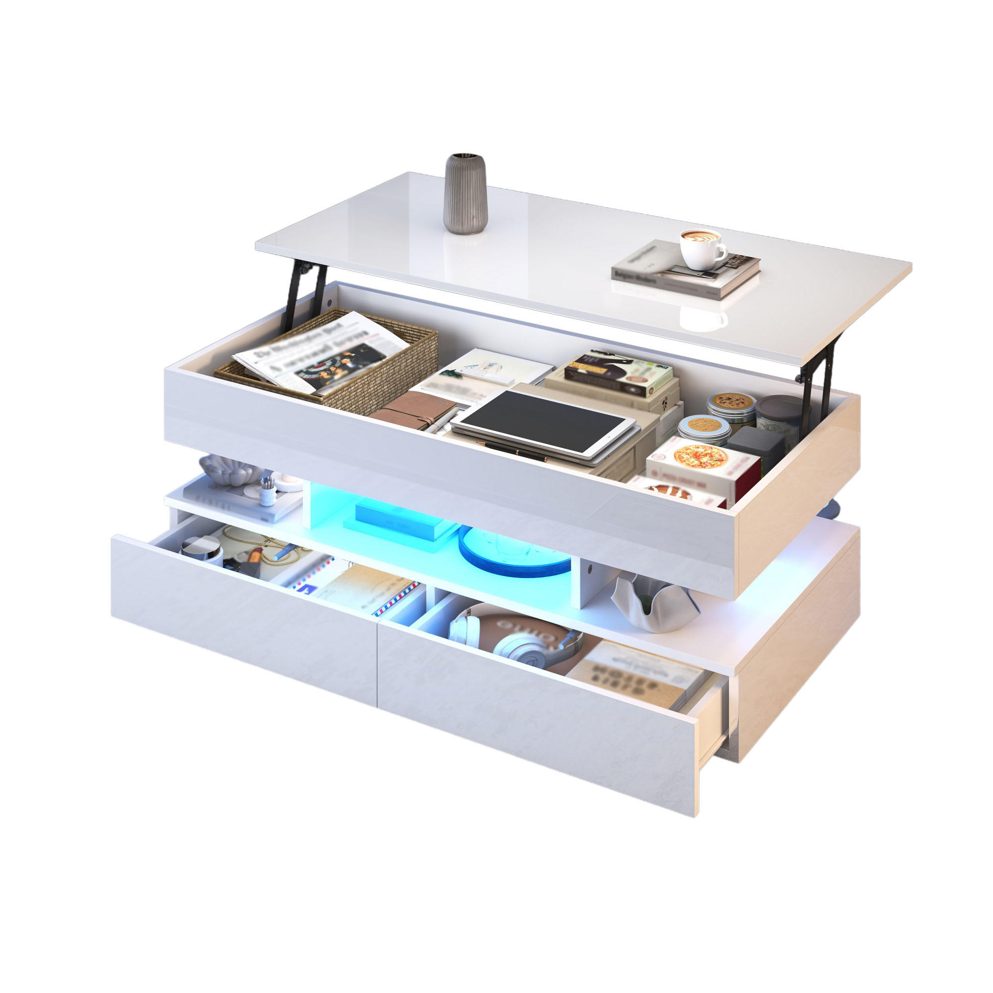 COUCHTISCH in Weiß Höhenverstellbarer Wohnzimmertisch mit LED & Stauraum, Lift-Top bis 58,5cm, 100/50/45cm - Weiß, Holzwerkstoff/Metall (50/100/45cm) - STILVORA