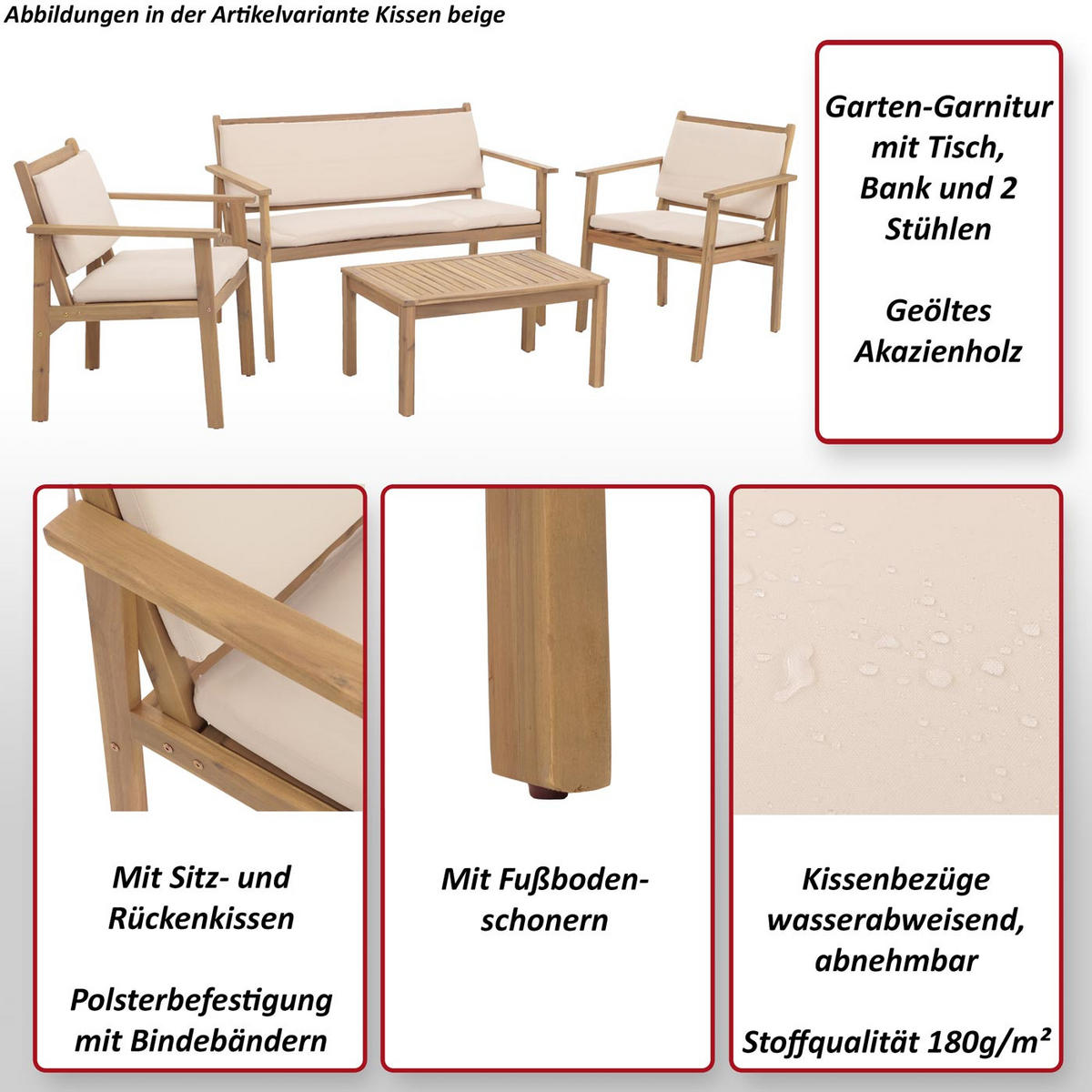 GARTEN-GARNITUR Beige 1x Bank, 2x Sessel, 1x Tisch-Set - Beige, Holz - MCW