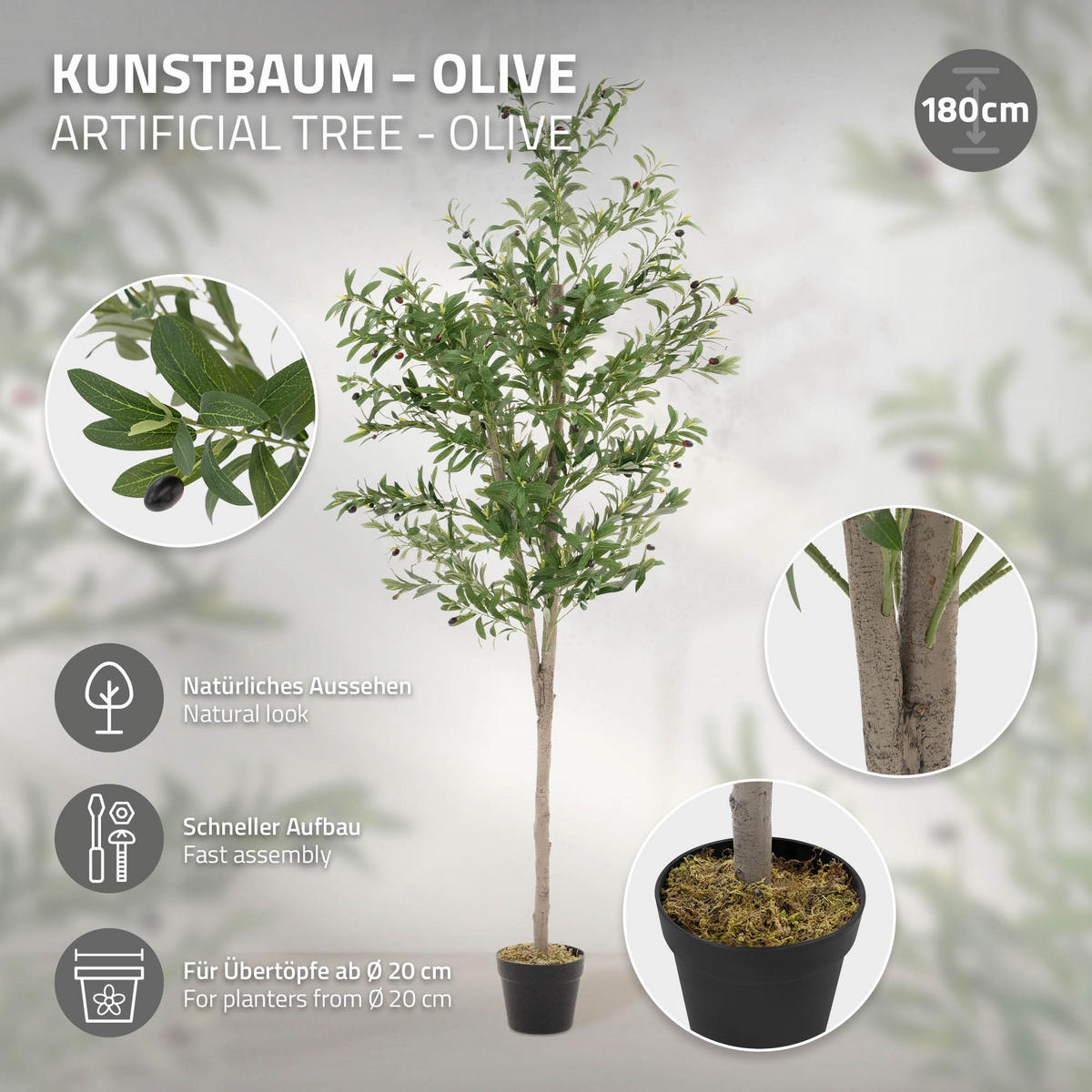 KUNSTPFLANZE Olive - Anthrazit/Grün, Holz/Kunststoff (180cm) - ML-DESIGN