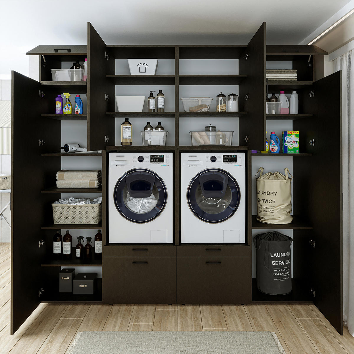 WASCHMASCHINENSCHRANK Serie 2 254cm Breit, 240cm Hoch - Schwarz, Holzwerkstoff (254/240/67cm)