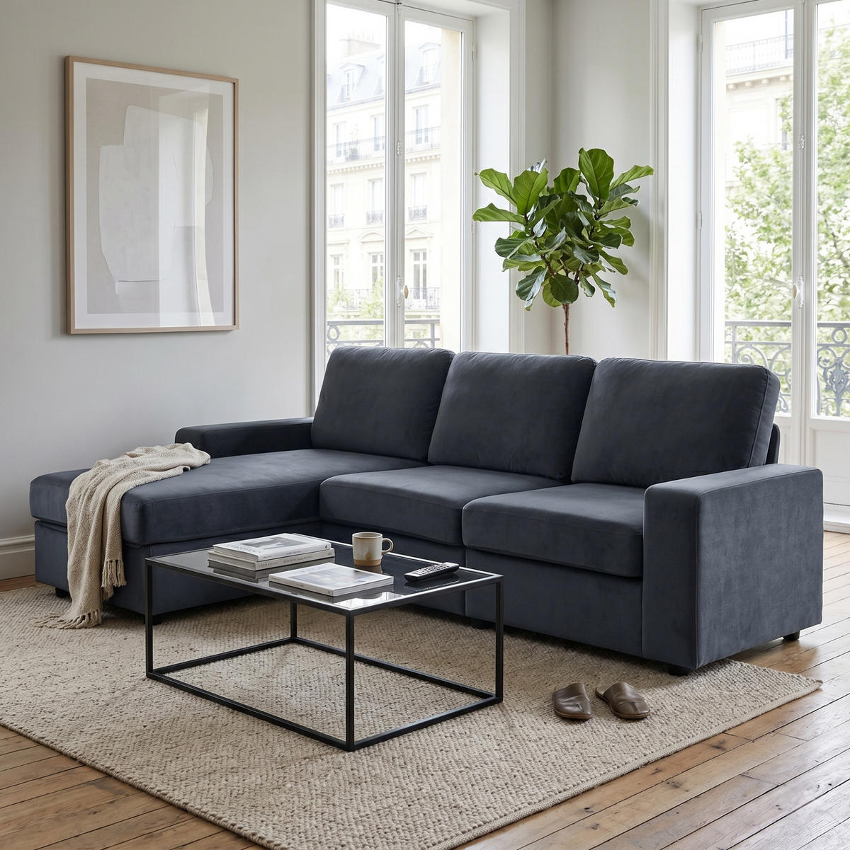 ECKSOFA 245,5/150,5/86,5 cm dunkelgrau aus Polyester mit Ottomane und 4 Staufächern - Dunkelgrau, Kunststoff (245.5/150.5cm) - OKWISH