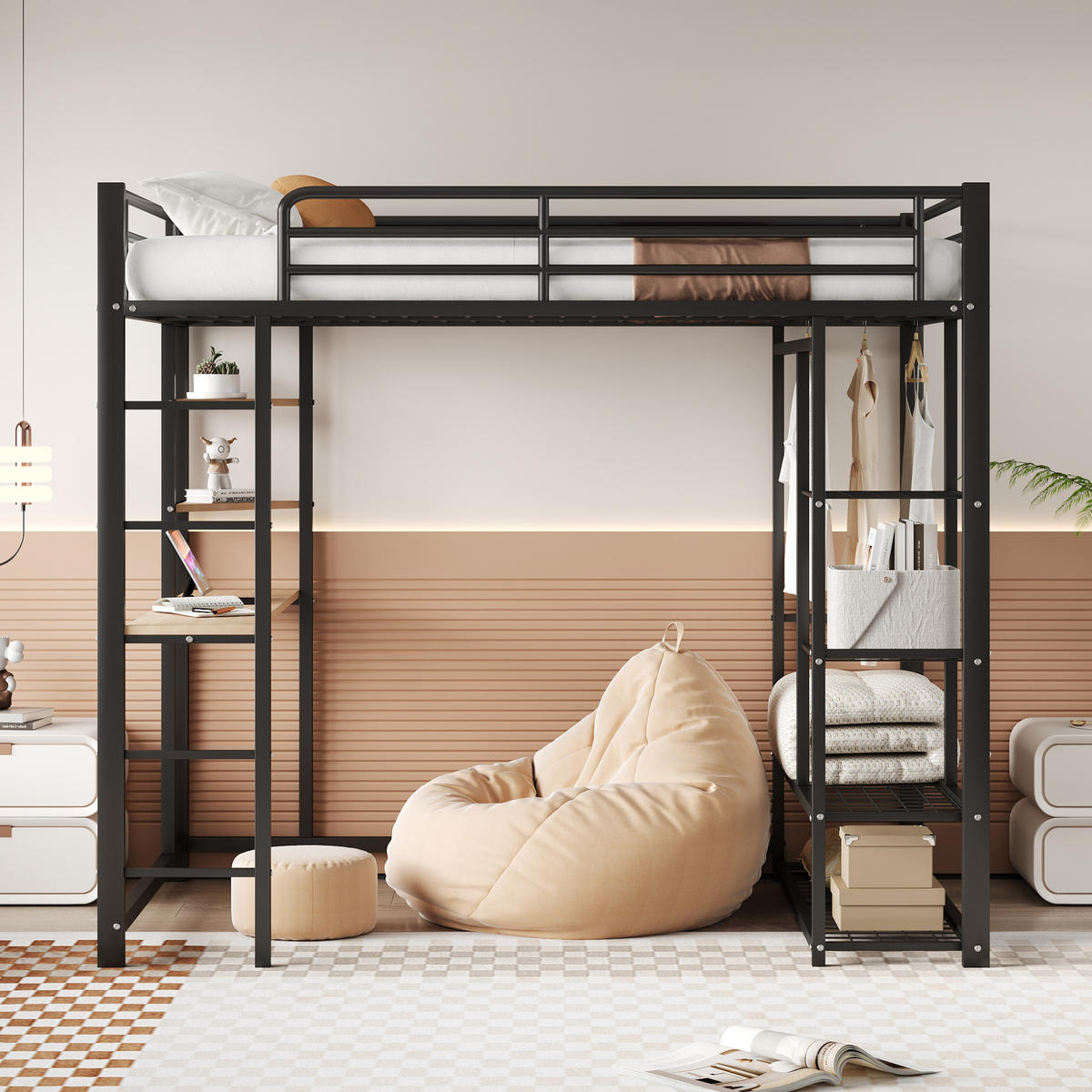 HOCHBETT 140/200 cm schwarz aus Metall mit Schreibtisch und Kleiderstange - Schwarz, Metall (140/200cm) - OKWISH