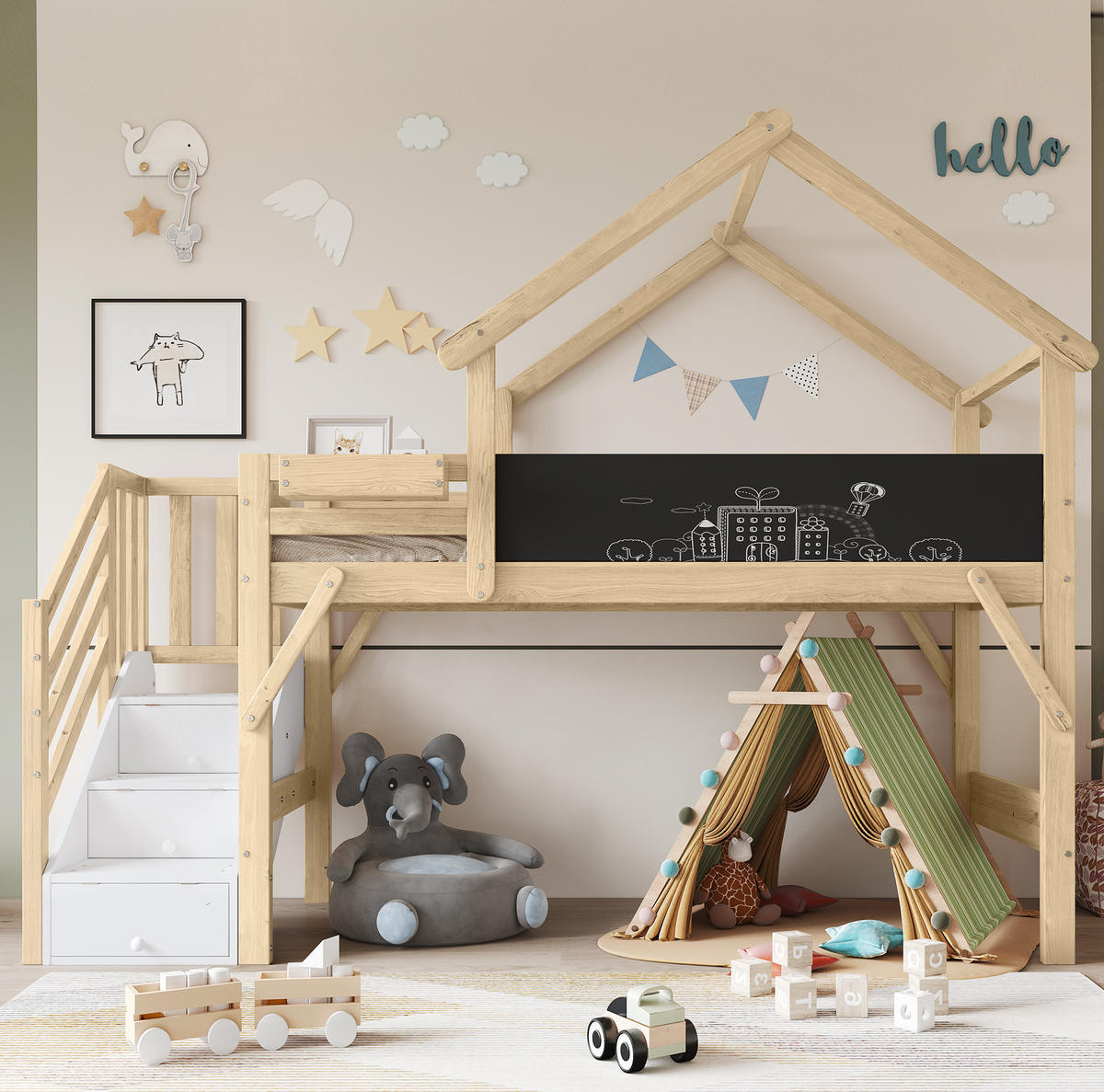 ETAGENBETT mit Stauraumtreppe und Kreidetafel 90x200 cm Weiß/Natur - Weiß, Holzwerkstoff (90/200cm) - Beauniv
