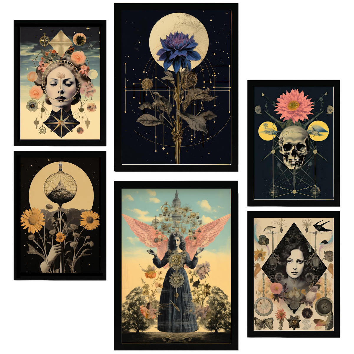 POSTER Set Mit 6 Floralen Mystischen Esoterischen A3 & A4 Schwarzer Rahmen - Schwarz, Papier (29/3cm) - Nacnic