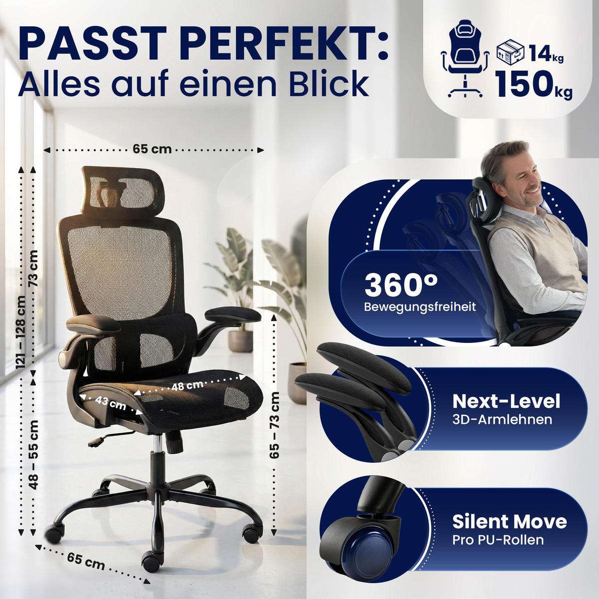 DREHSTUHL Kunststoff Schwarz - Schwarz, Kunststoff/Textil (65/121/65cm) - CLP