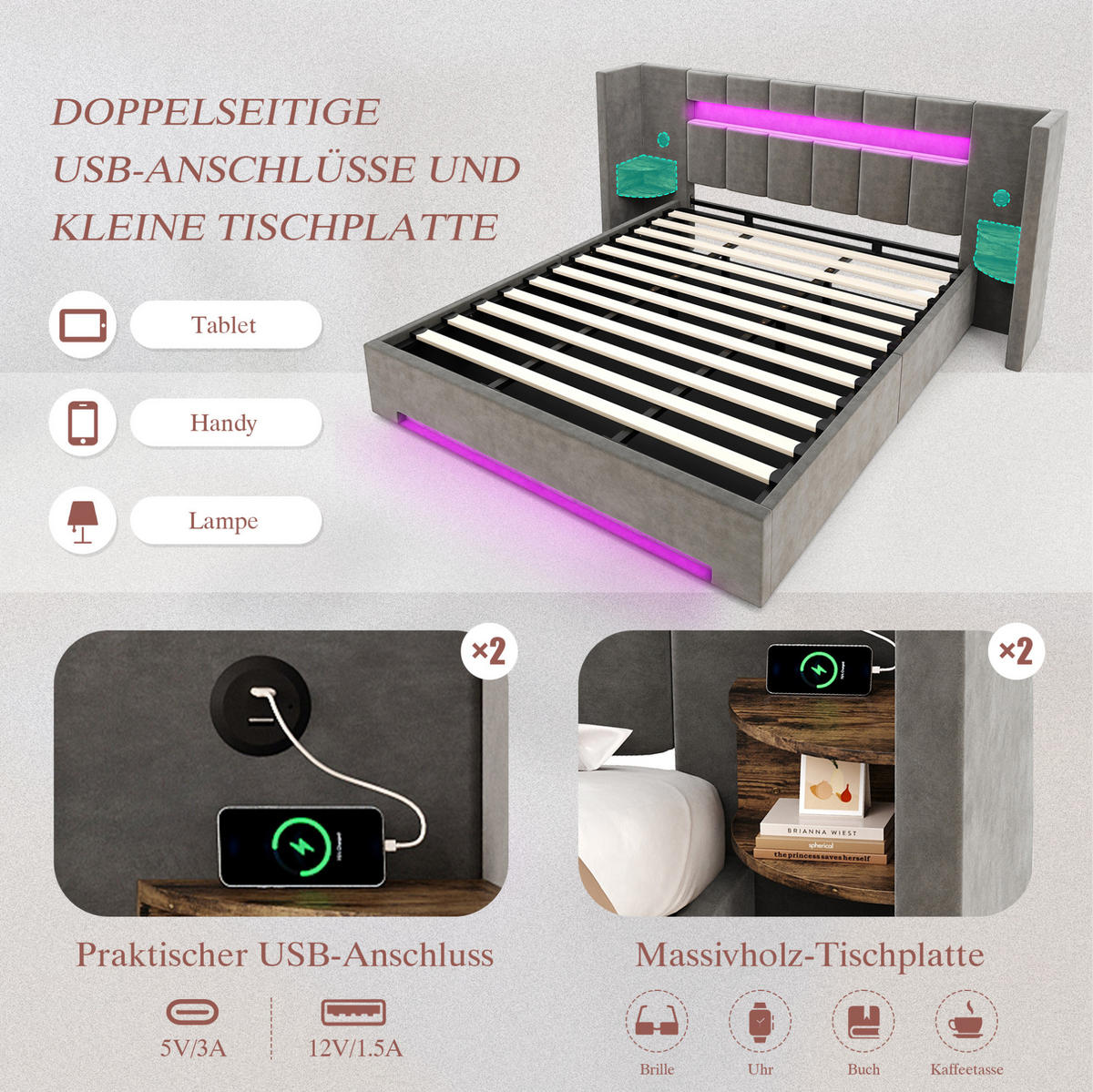 BETT mit Stauraum, USB & LED 180x200 cm Samt Dunkelgrau - Dunkelgrau, Metall (180/200cm) - Meubliv