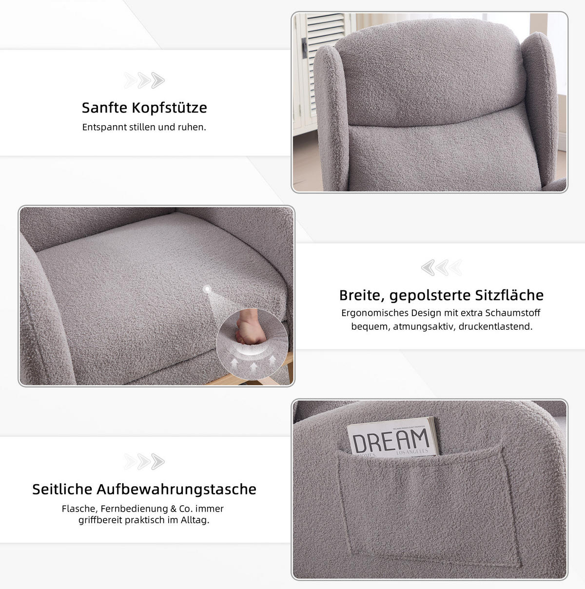 SCHAUKELSTUHL Teddy-Stoff mit Fußstütze und Seitentaschen 122.5/70/104 cm Grau - Grau, Textil (70/104/122.5cm) - Redom