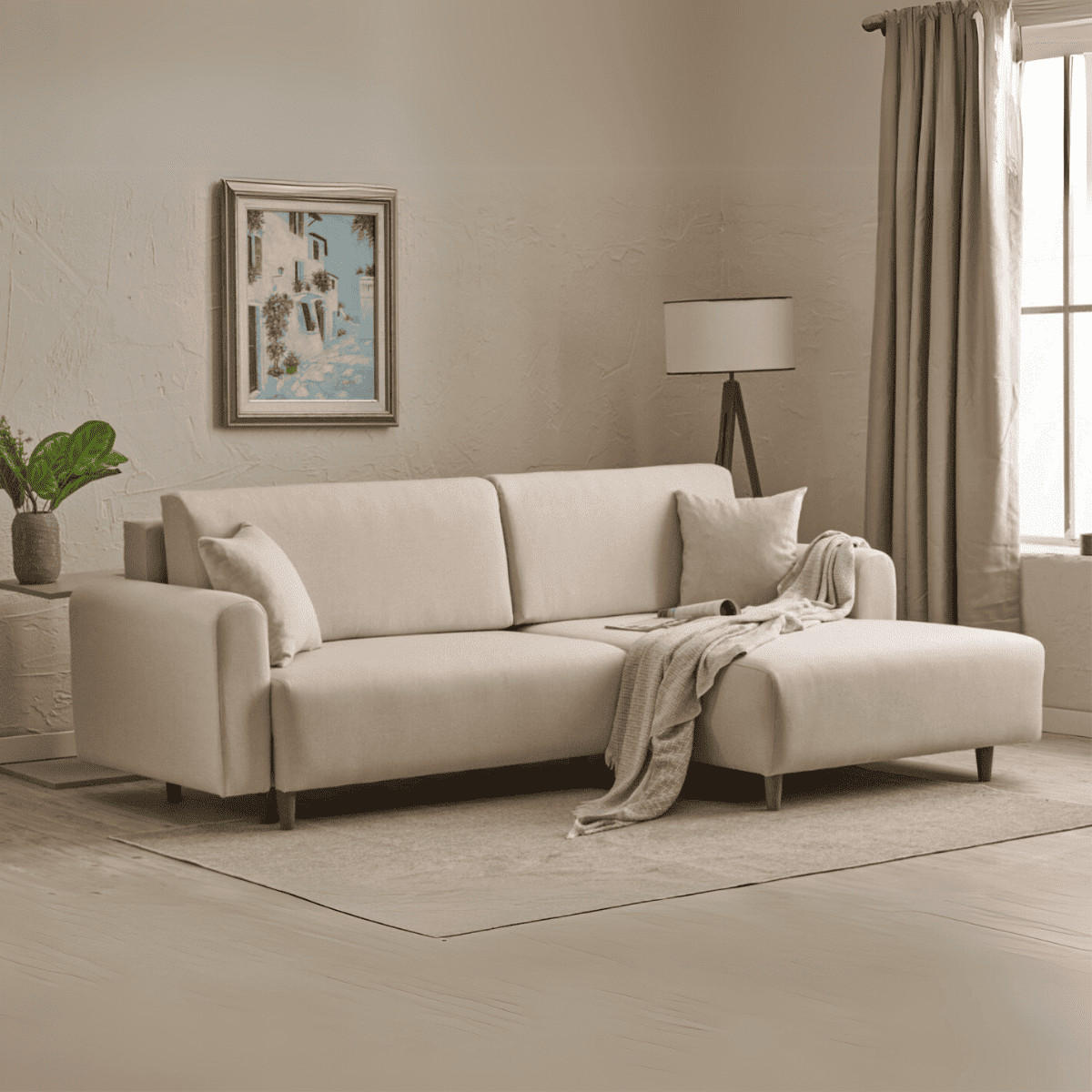 ECKSOFA mit Schlaffunktion und rechtsseitiger Récamiere aus Stoff - mane 246/160/85 cm - Creme, Holz (160/246cm) - Calicosy