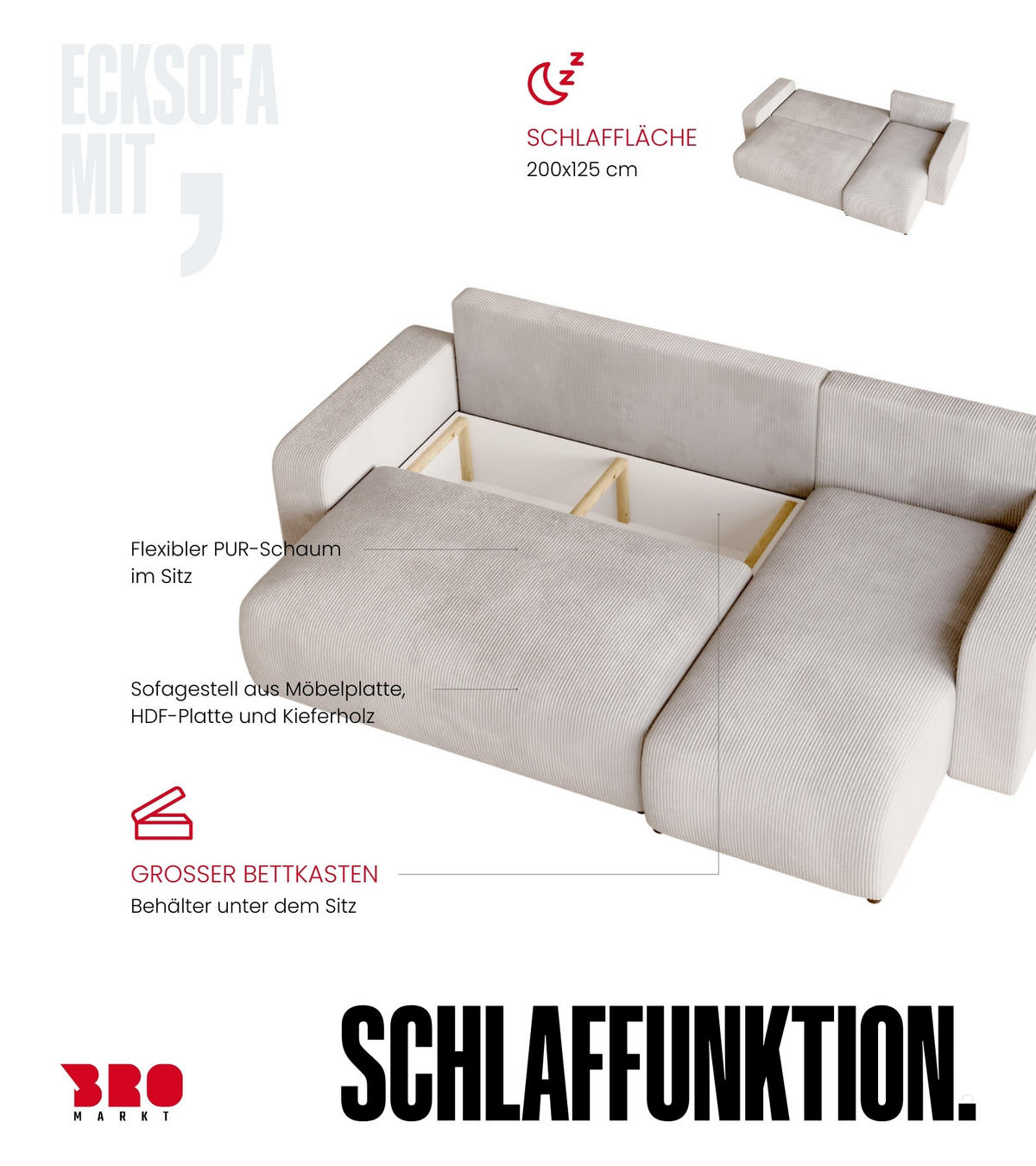 ECKSOFA PUMI mit Schlaffunktion Vanille Cord - Creme, Textil (244/148cm) - Bromarkt