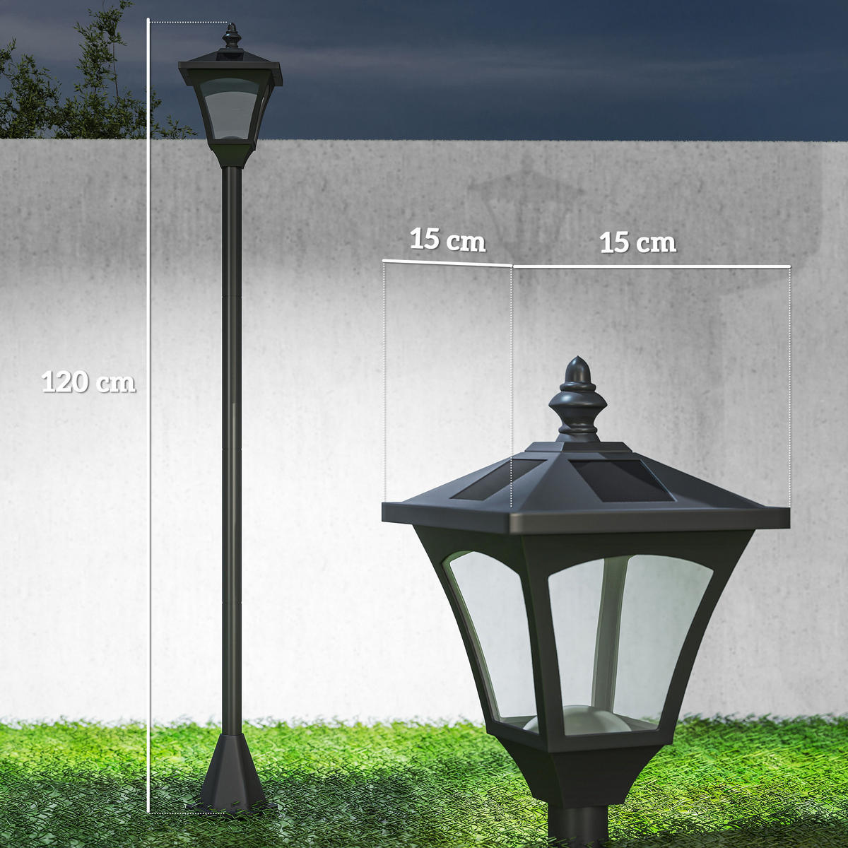 SOLAR Laterne mit LED Gartenlaterne Wegleuchte 30 Lumen H120cm Schwarz - Schwarz, Kunststoff (15/15/120cm) - Outsunny
