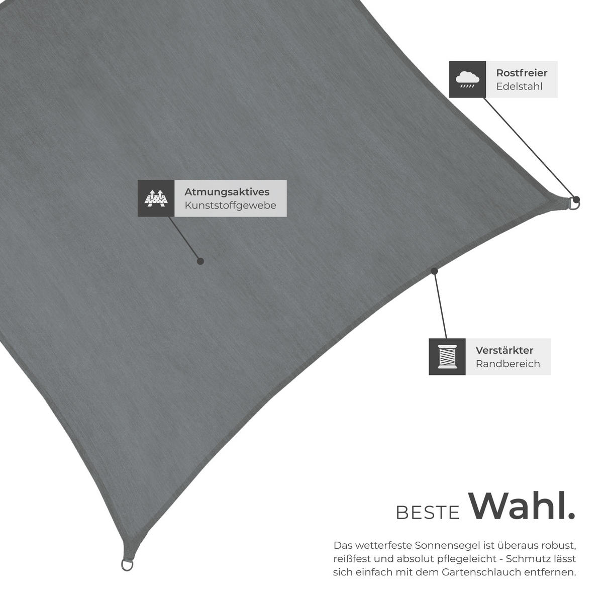 SONNENSEGEL ,inklusive Spannseile,grau - Grau, Kunststoff (300/300cm) - tectake