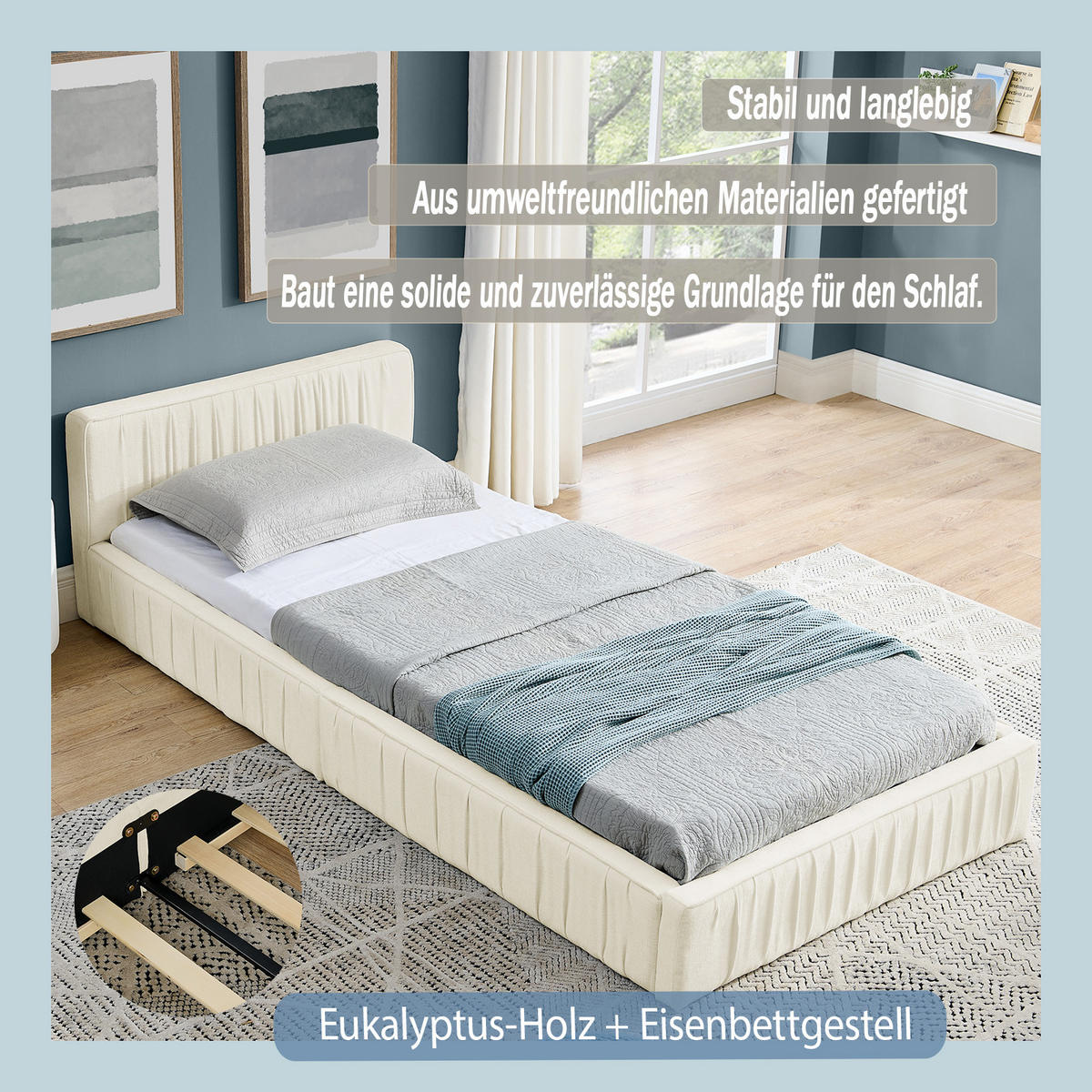 EINZELBETT 90x200 cm Chenille Holzrahmen beige - Beige, Kunststoff (90/200cm) - LEBENLANG