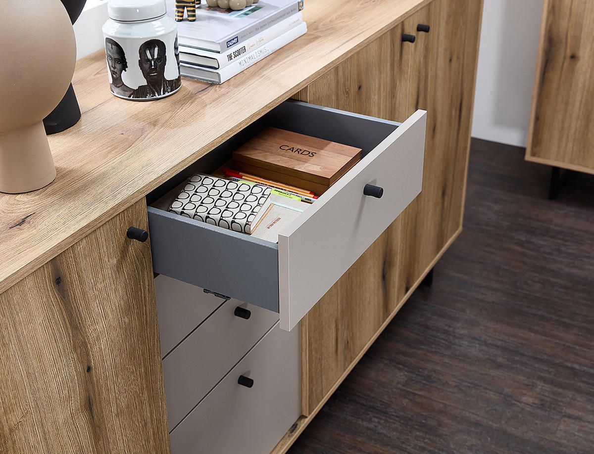 SIDEBOARD - Eiche Evoke Dekor / Hellgrau - Eichefarben/Schwarz, Holzwerkstoff/Kunststoff (183/83/40cm) - home24
