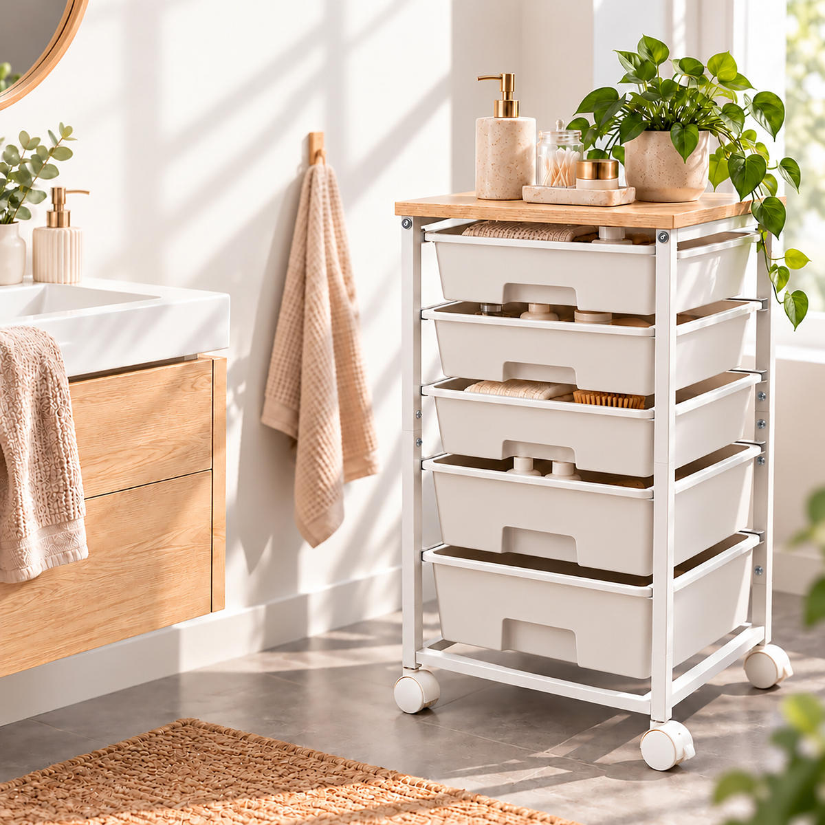 ROLLWAGEN Weiß 5-Schubladen Kunststoff Tischplatte Holzoptik 77 cm - Weiß, Holzwerkstoff/Kunststoff (38.5/77/28.5cm) - Relaxdays