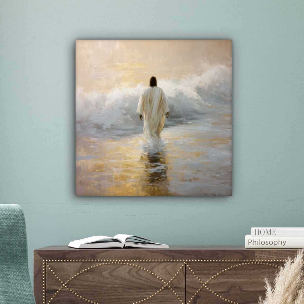 LEINWANDBILD Gemälde - Welle - Jesus - Abstrakt Wandbild Wohnzimmer 50x50 cm - Goldfarben, Textil (50/50cm) - MuchoWow
