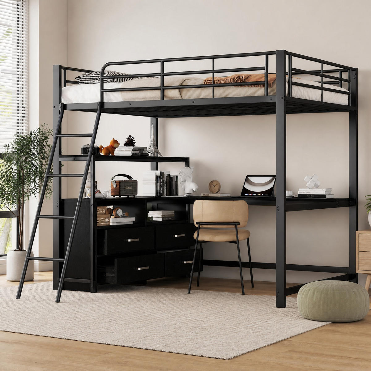 HOCHBETT 140/200 mit L-förmigem Schreibtisch und 4 Schubladen in Schwarz - Schwarz, Holz/Metall (140/200cm) - EVRYAE