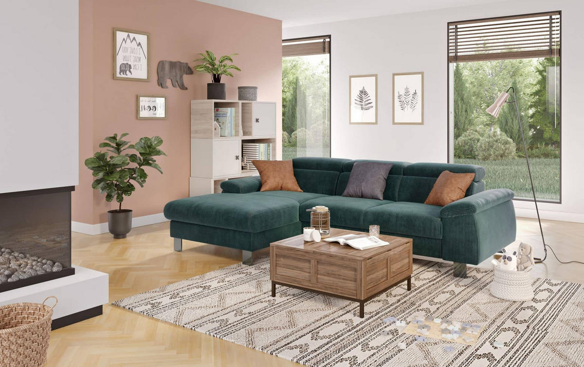 ECKSCHLAFSOFA mit Bettkasten – Cord-Stoff - Chromfarben/Salbeigrün, Holz/Textil (244/166cm) - Cotta