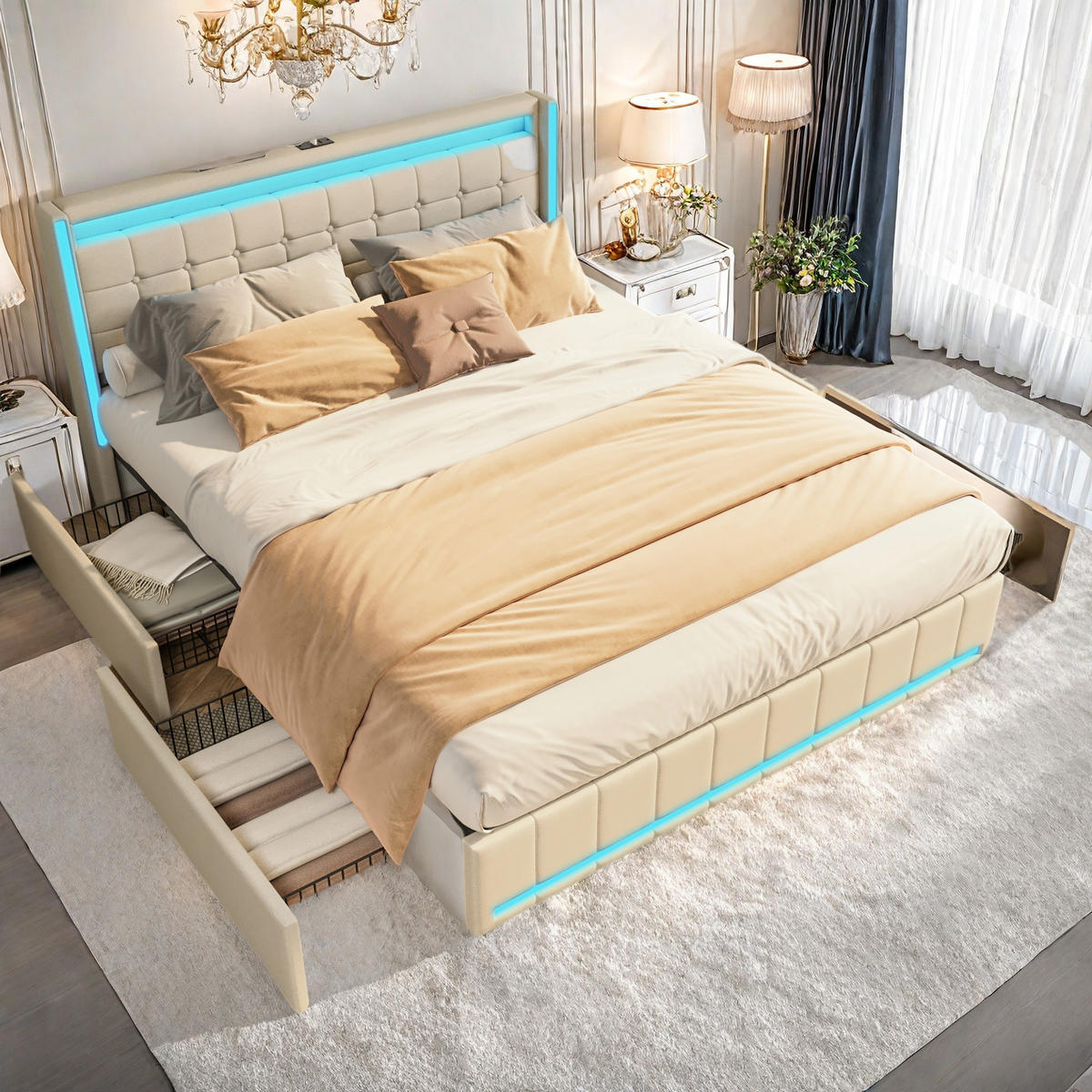 DOPPELBETT 140x190 cm, LED, USB, 4 Metallschubladen, Leinen, Beige - Beige, Metall - SHOPENTRA