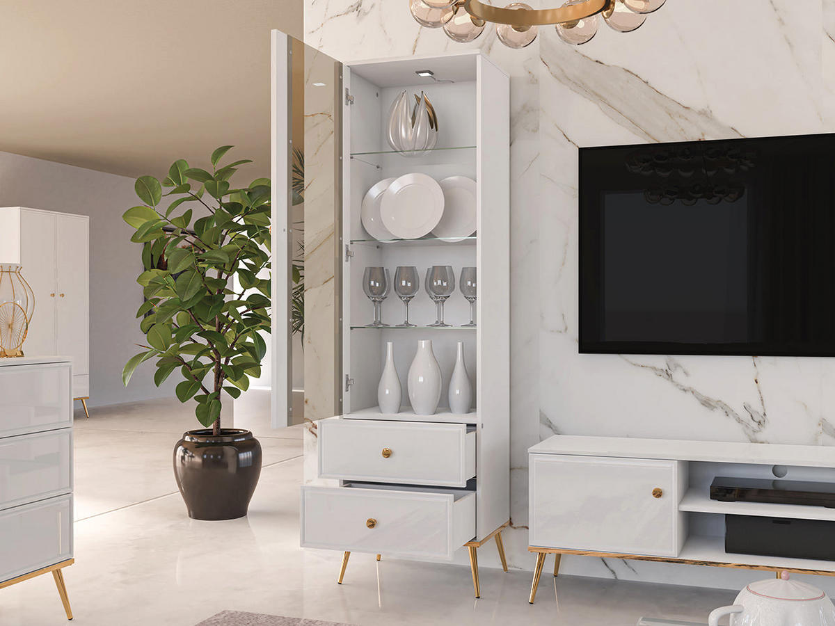 VITRINE – 55 cm – Goldin – Weiß Hochglanz - Weiß Hochglanz, Holzwerkstoff (55/190/40cm) - hi-markt