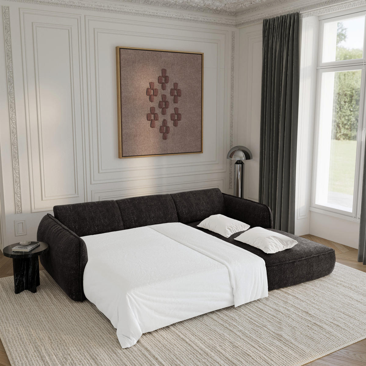 ECKSCHLAFSOFA Rastervelours 274cm - Schwarz, Textil (274/174cm) - Sia Home